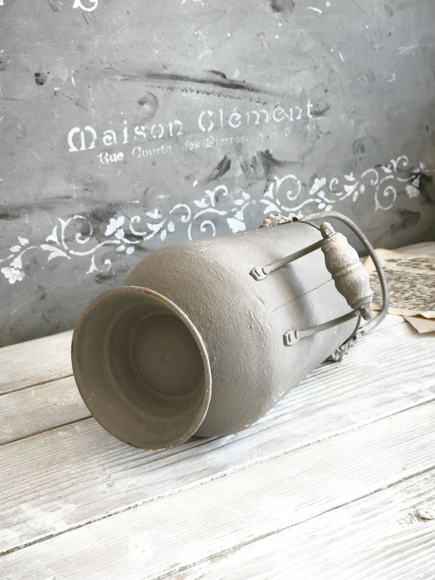 Brass Ash Scuttle Faux Concrete Finish, Metal Pitcher Vase