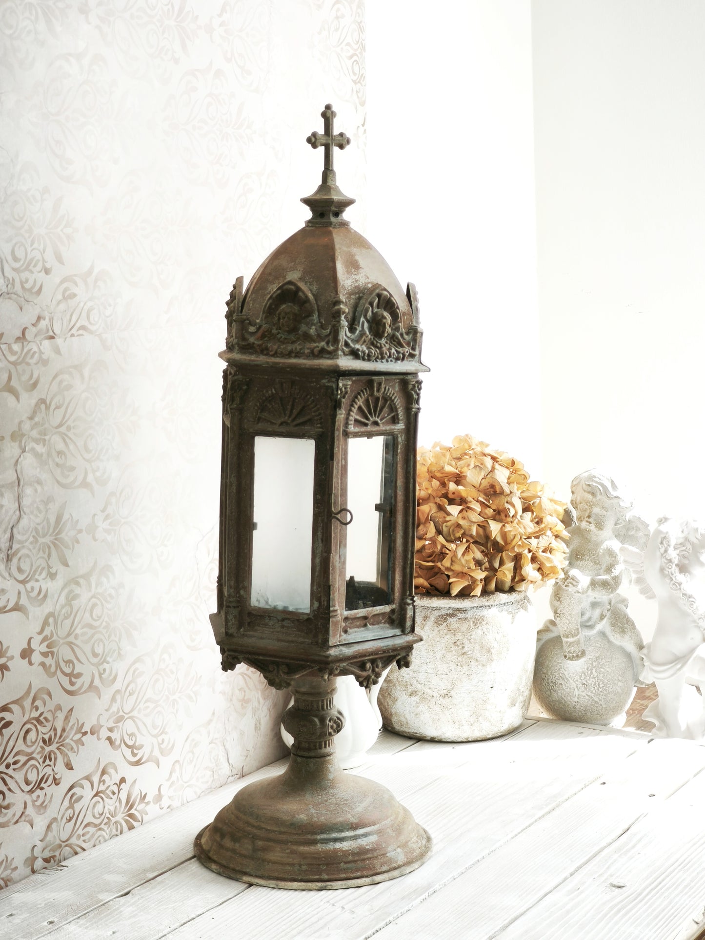 Antique Metal Church Candle Lantern Frosted Glass Windows, 1850s