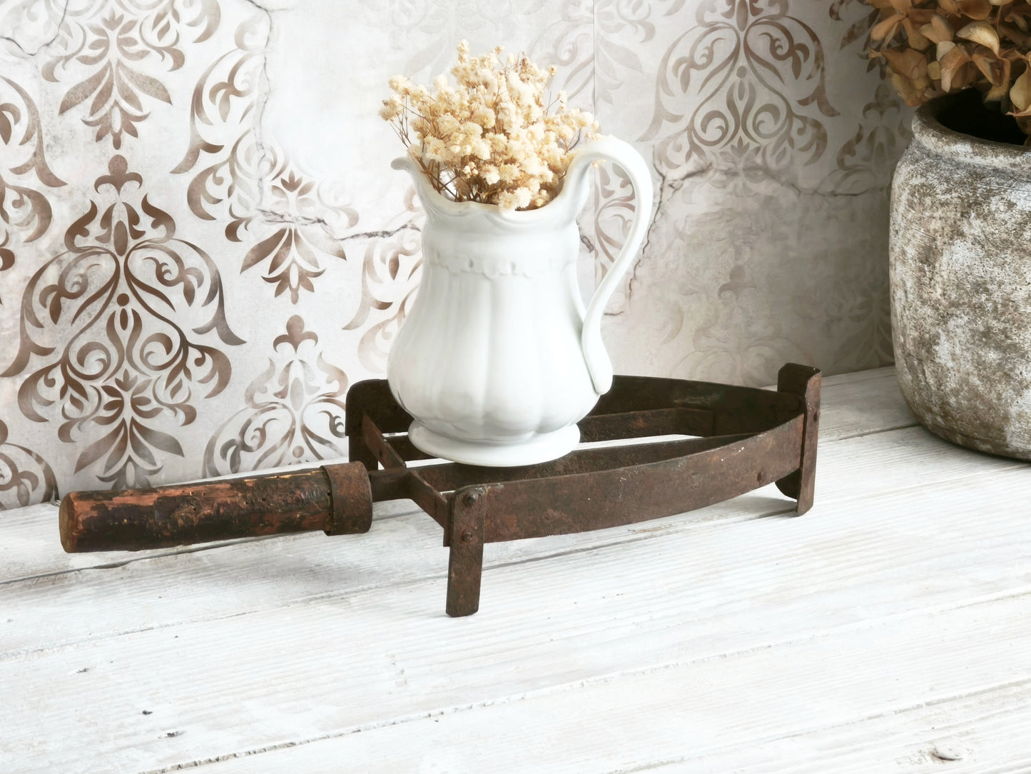 Antique Hand Forged Iron Trivet Wooden Handle