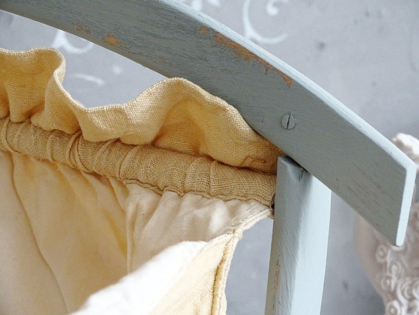 Vintage Blue Wood Magazine Rack With Ochre Beige Embroidery Floral Fabric