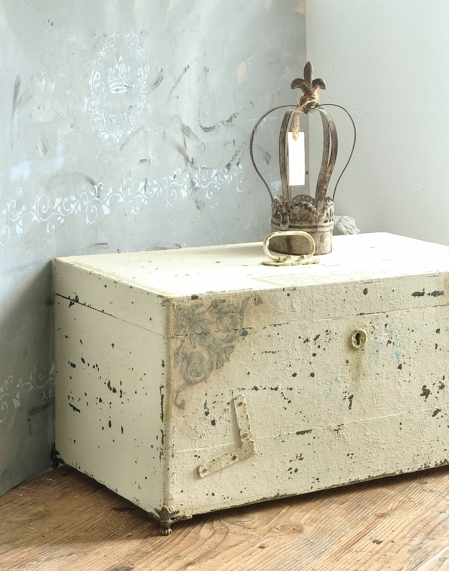 Antique Creamy Wooden Trunk Chest, Distressed Furniture