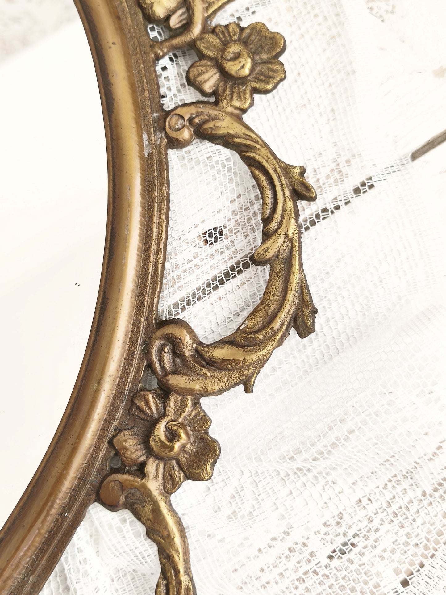 Large Antique Brass Wall Mirror With Cherubs, Oval Ornate Rocaille Design