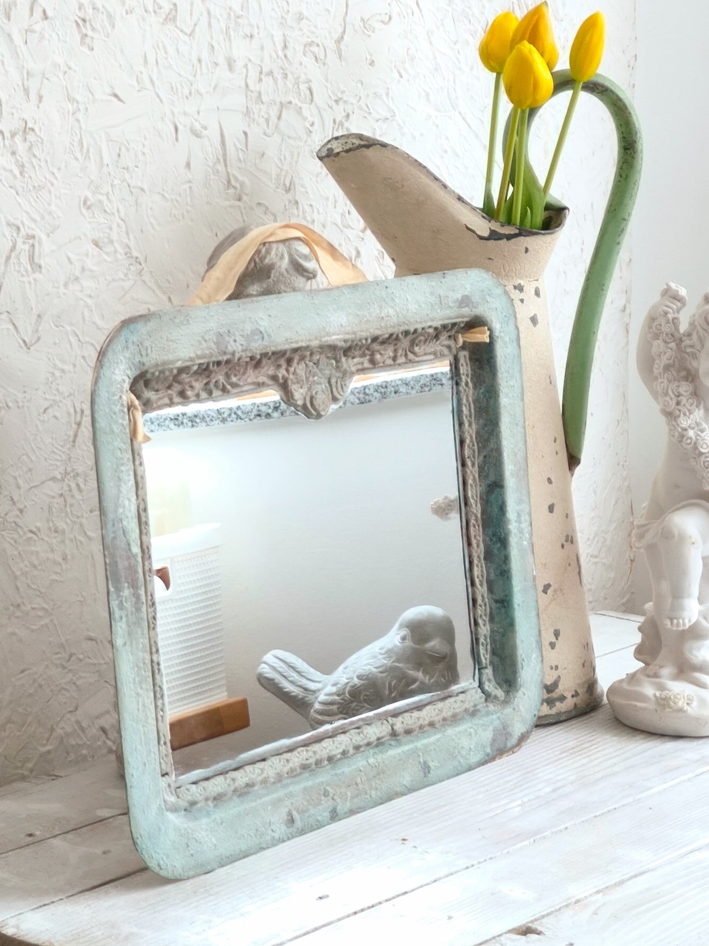 Romantic Blue Metal Wall Mirror With Floral Details And Hanging Ribbon, Distressed Shabby Chic Home Decor
