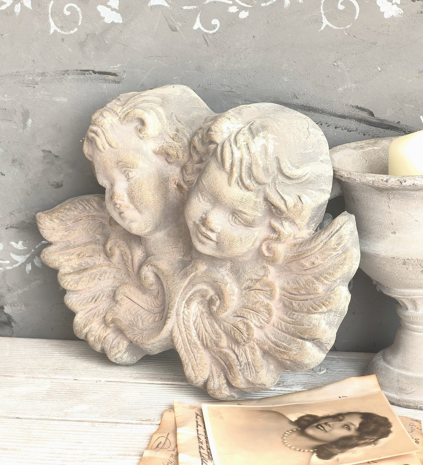 Large Plaster Cherubs Head Wall Sculpture, Bas Relief Chalkware Putti Angels, Shabby Chic Decor