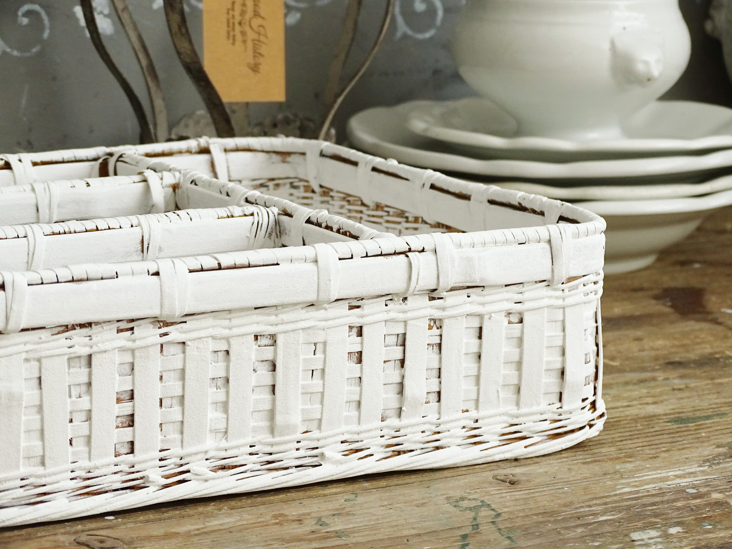 White Wicker Flatware Tray, Cuttlery Caddy Holder, Compartment Divided Box, Drawer Organizer, Shadow Box