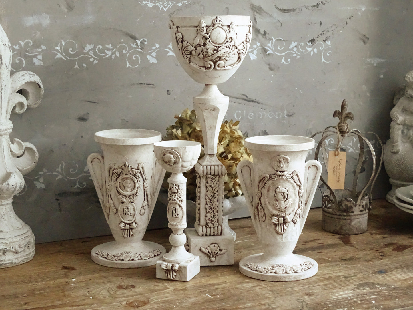 White Decorative Metal Urn Vase, Shabby Chic Decor