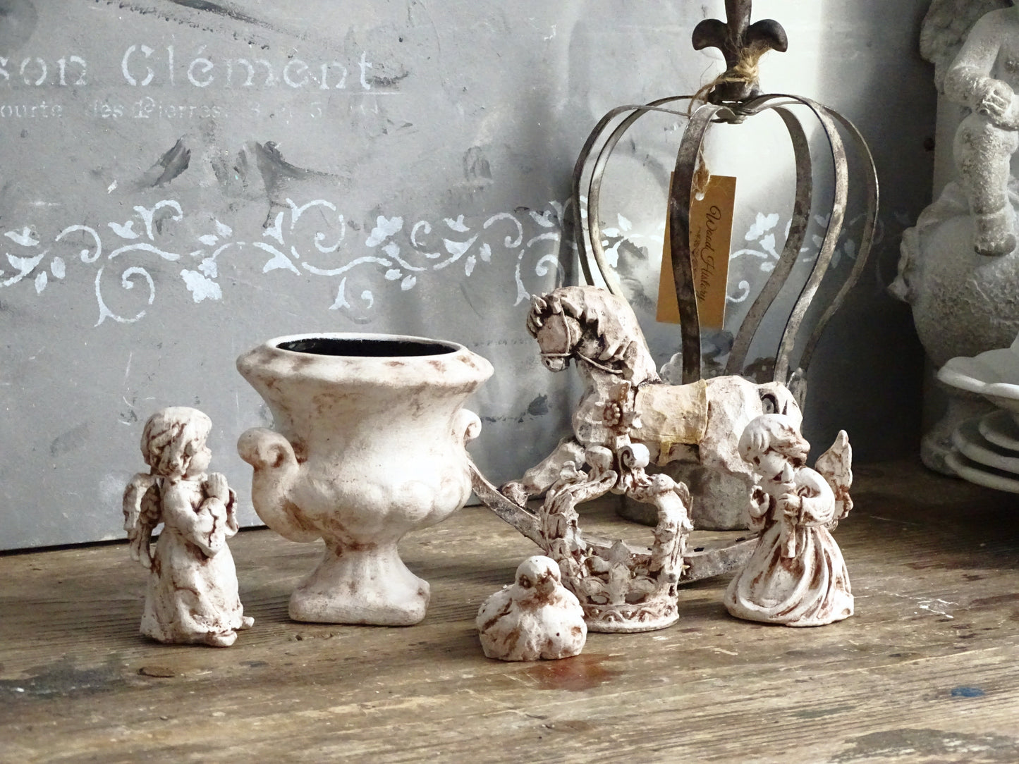 Aged Figurine Cherub, Crown, Rocking Horse, Bird, Urn Vase, Shabby Chic Decor