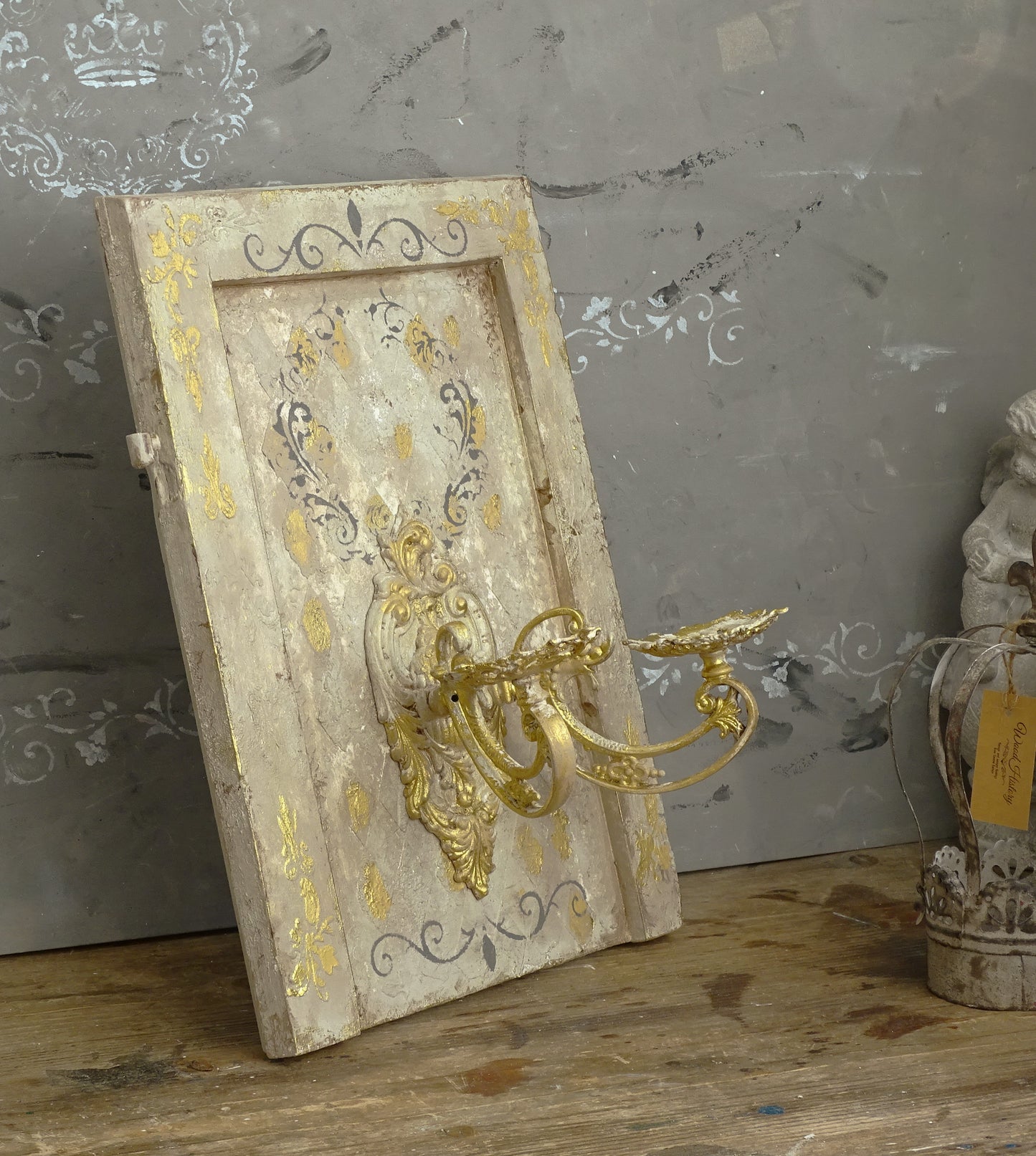 Antique Gilded French Wrought Iron Double Candle Sconce, Shabby Chic Wall Holder