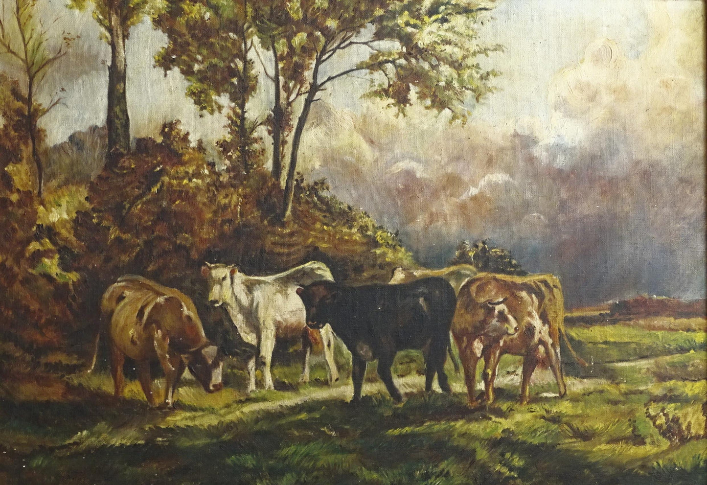Cows Antique Oil Painting in Gold Gesso Ornate Frame, Large Landscape Countryside Original Art Oil Painting, Rustic Wall Art Decor