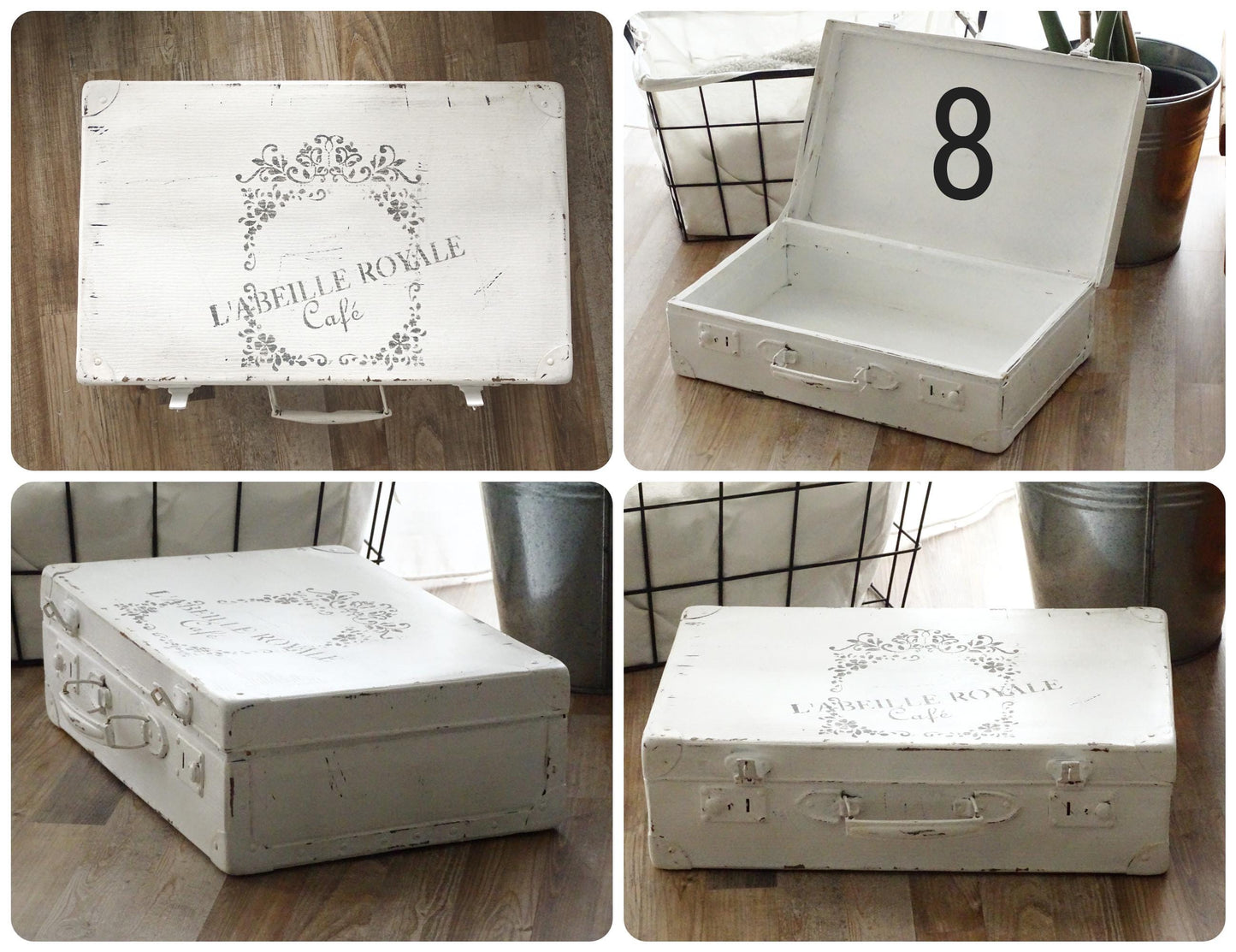 White or Gray Suitcase, Shabby Chic Painted French Stackable Travel Luggage Leather Suitcase, Wedding Cards Storage Organizer