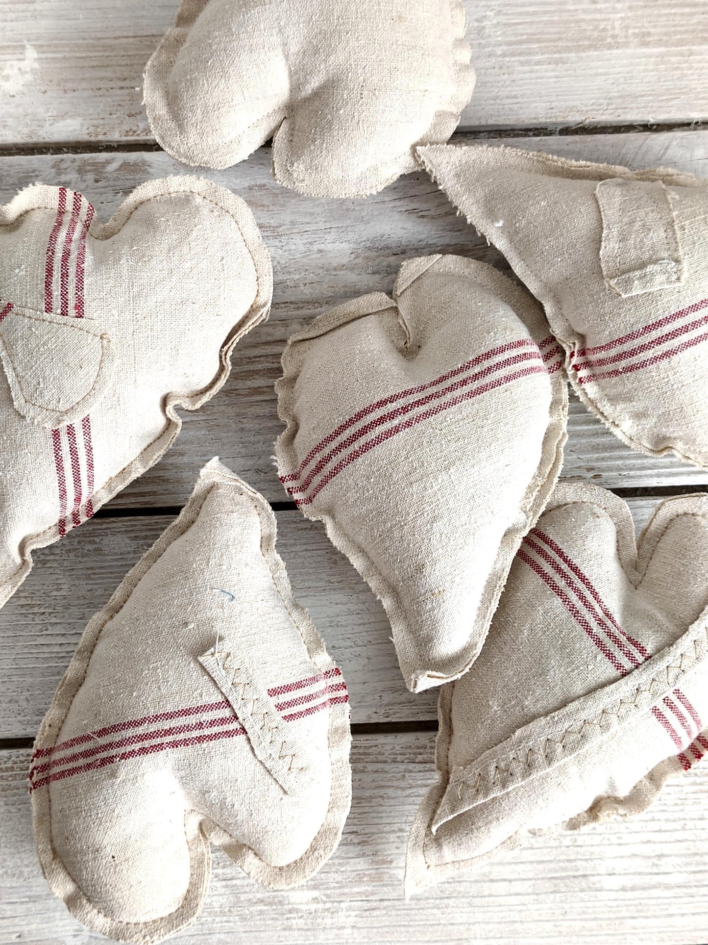 Large Antique Linen Heart Red Stripe, Primitive Farmhouse Cloth Bowl Filler, Wall Hanging Grain Sack Fabric Stuffed Valentine Heart Ornament