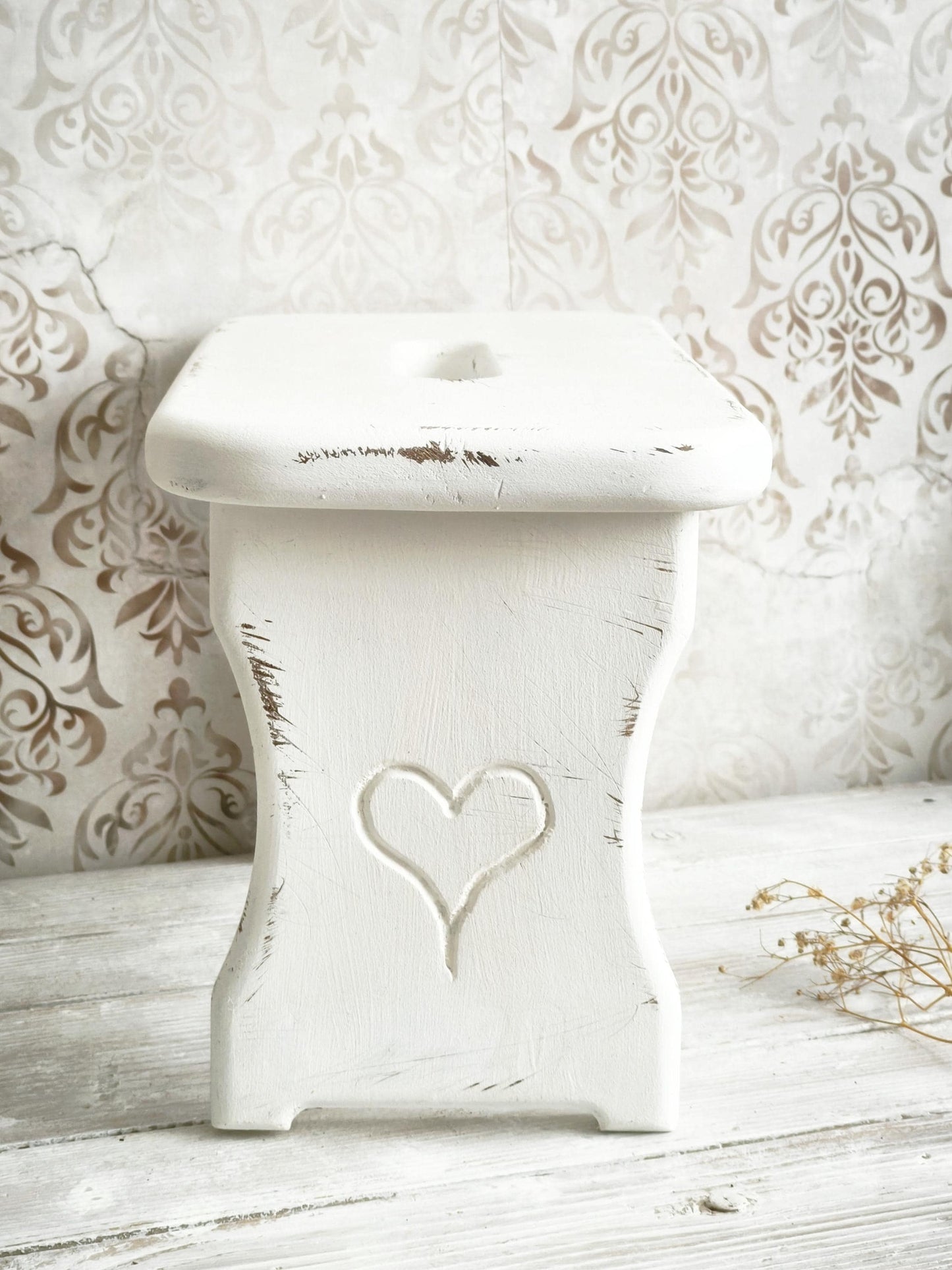 White Wood Step Stool Carved Heart, Rustic Farmhouse Plant Stand Bench