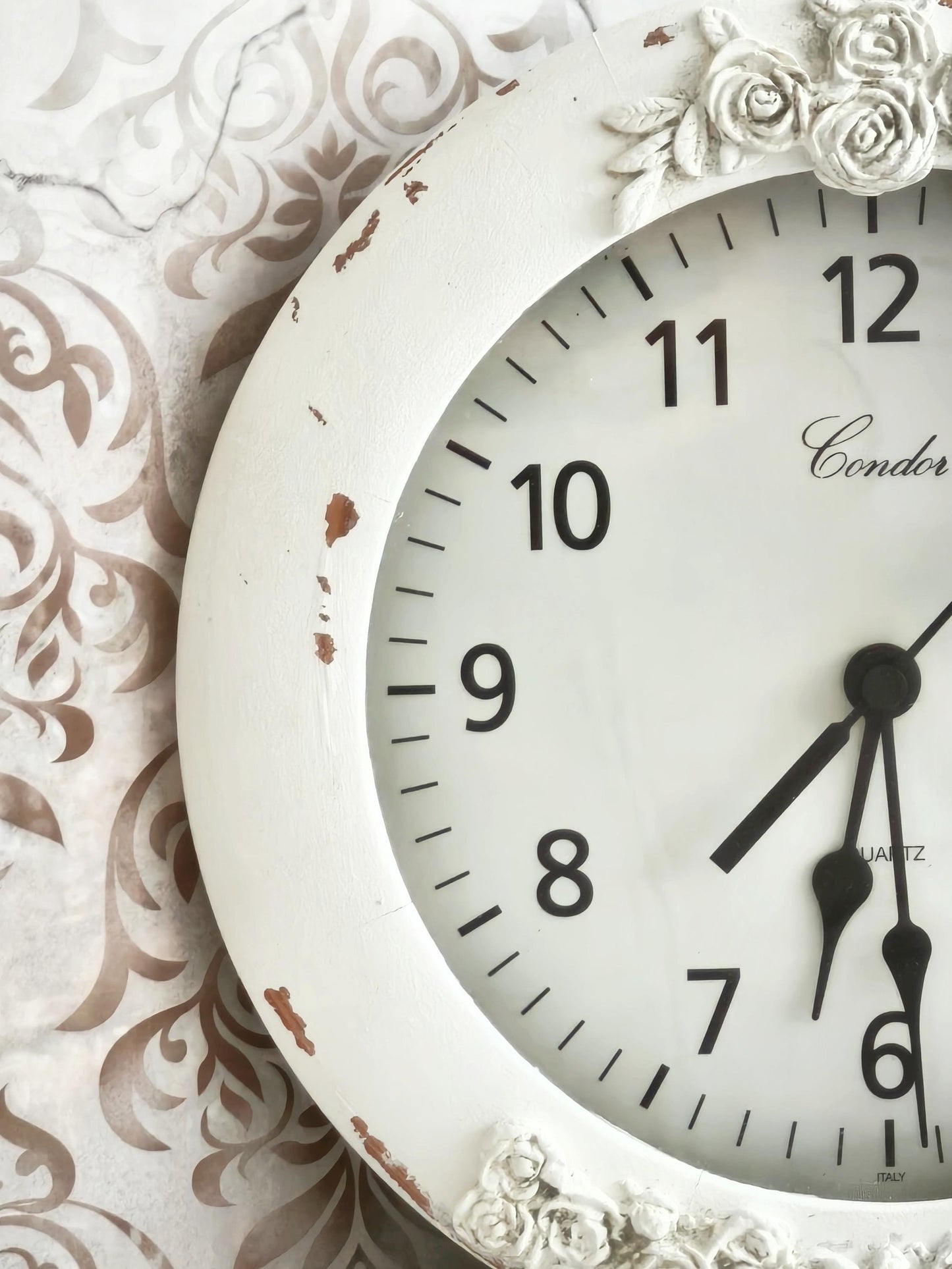 White Wood Wall Clock with Clay Flowers, Shabby Chic Ornate Floral Home Decor