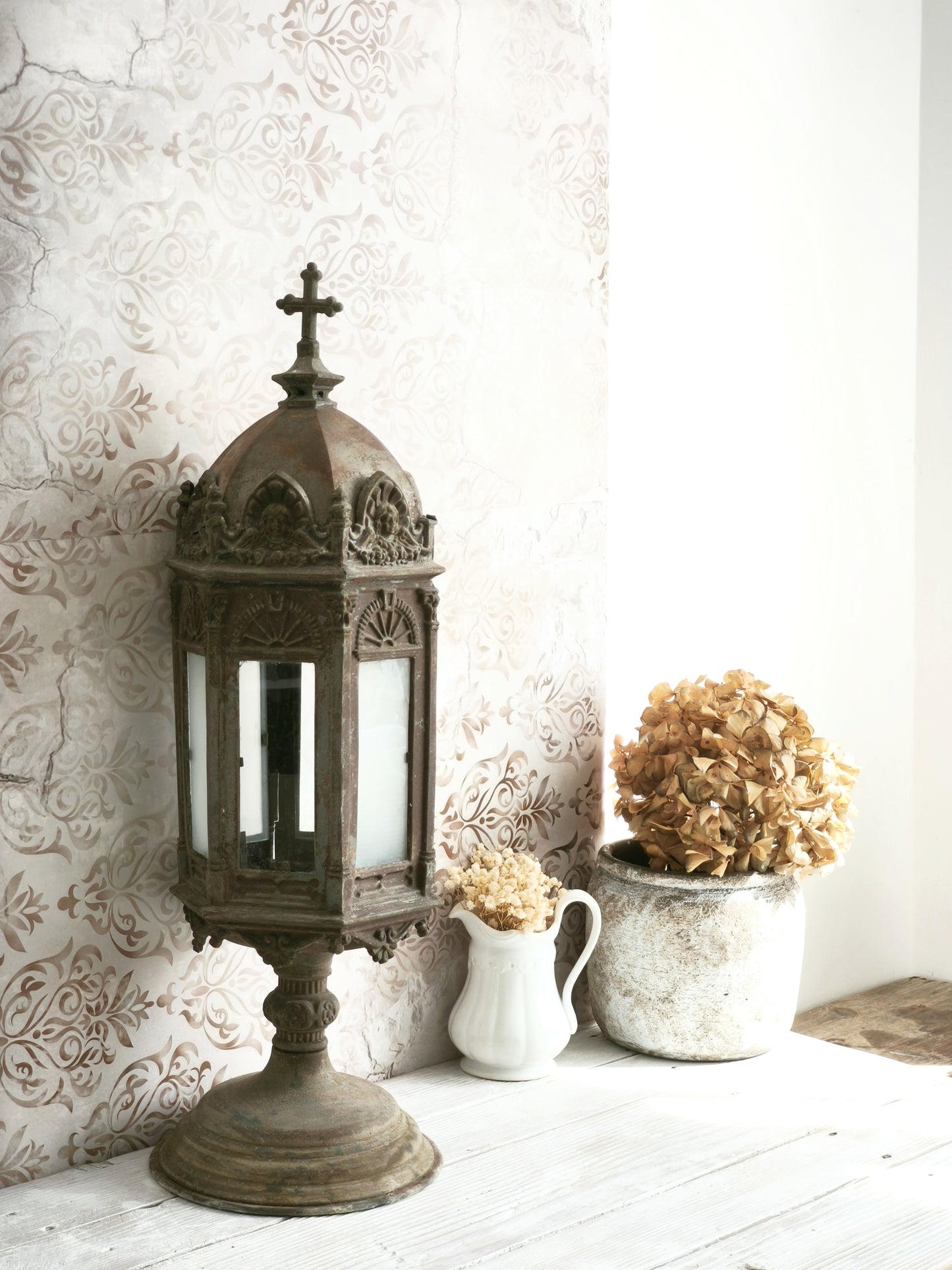 Antique Metal Church Candle Lantern Frosted Glass Windows, 1850s