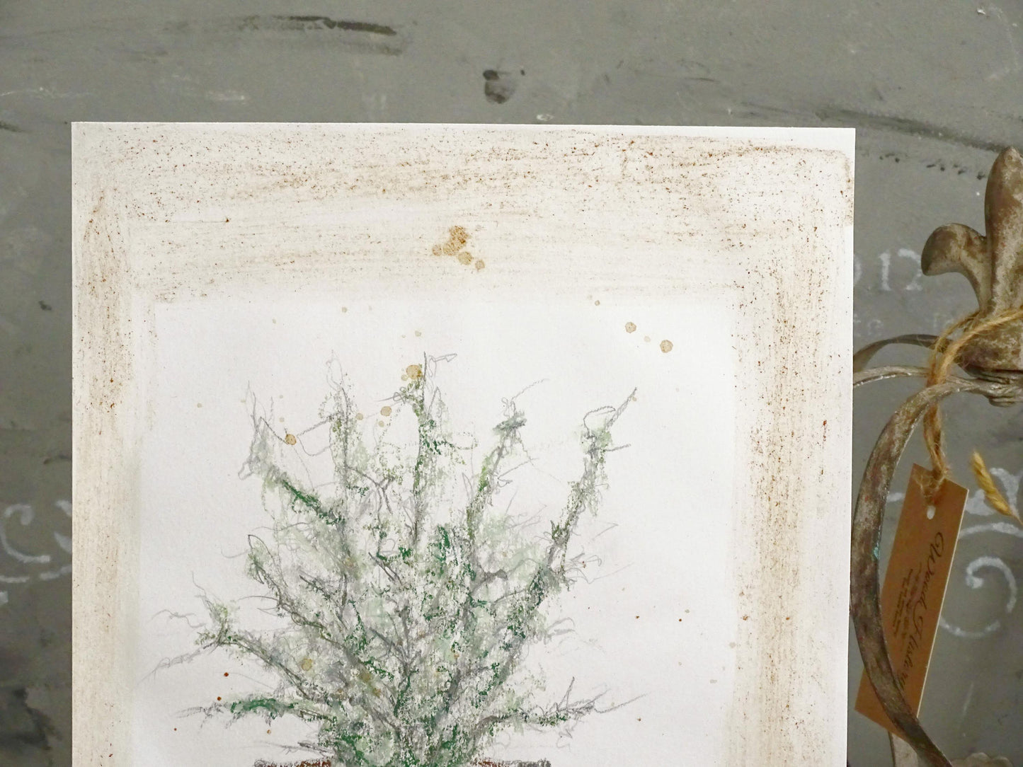 Original Sketch Plant Pot Drawing, Naive Still Life Greenery Artwork, Rustic Cabin Decor