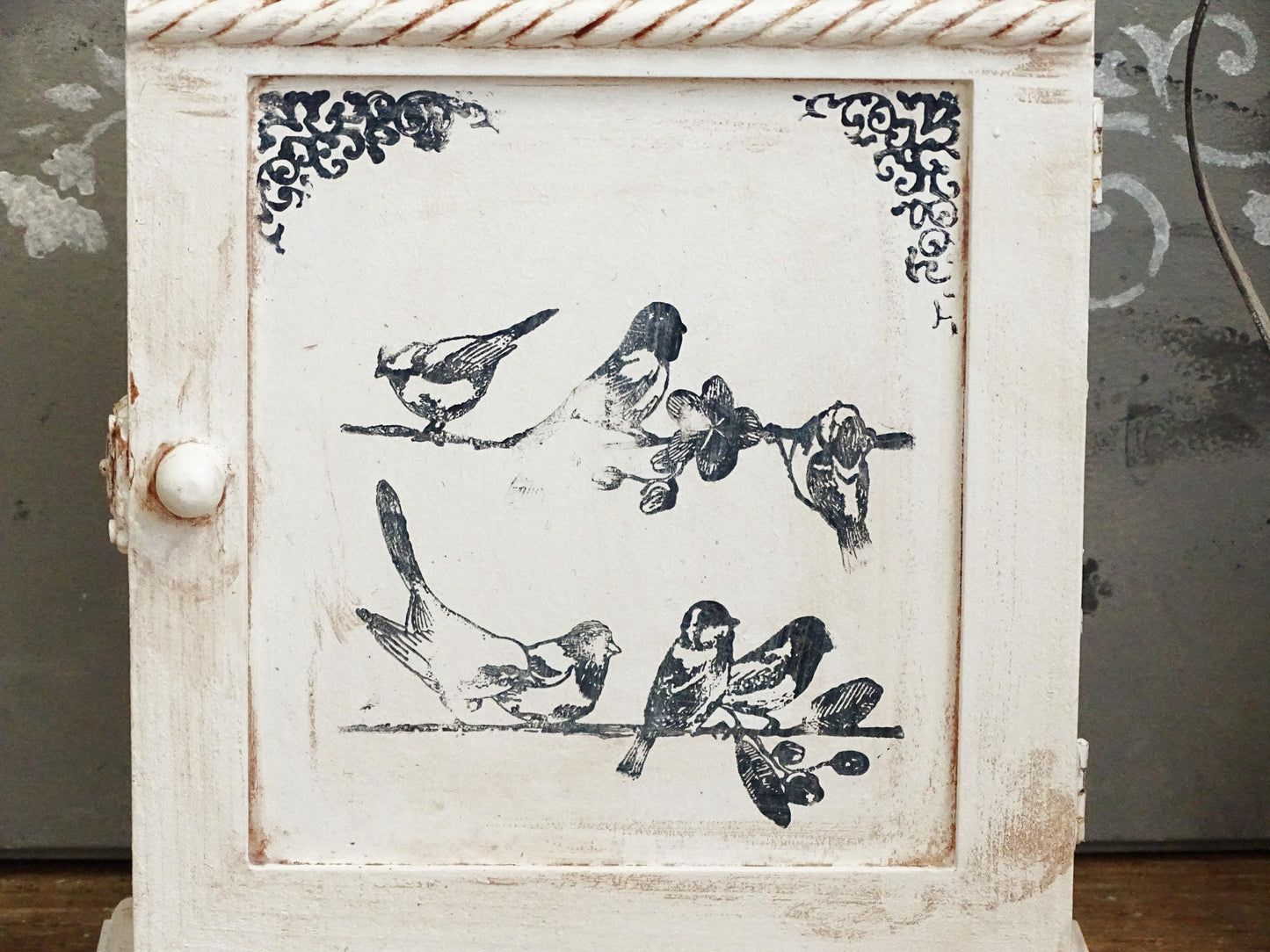 Shabby Chic White Wood Key Box: Wall Hanging Key Cabinet with Bird Motif
