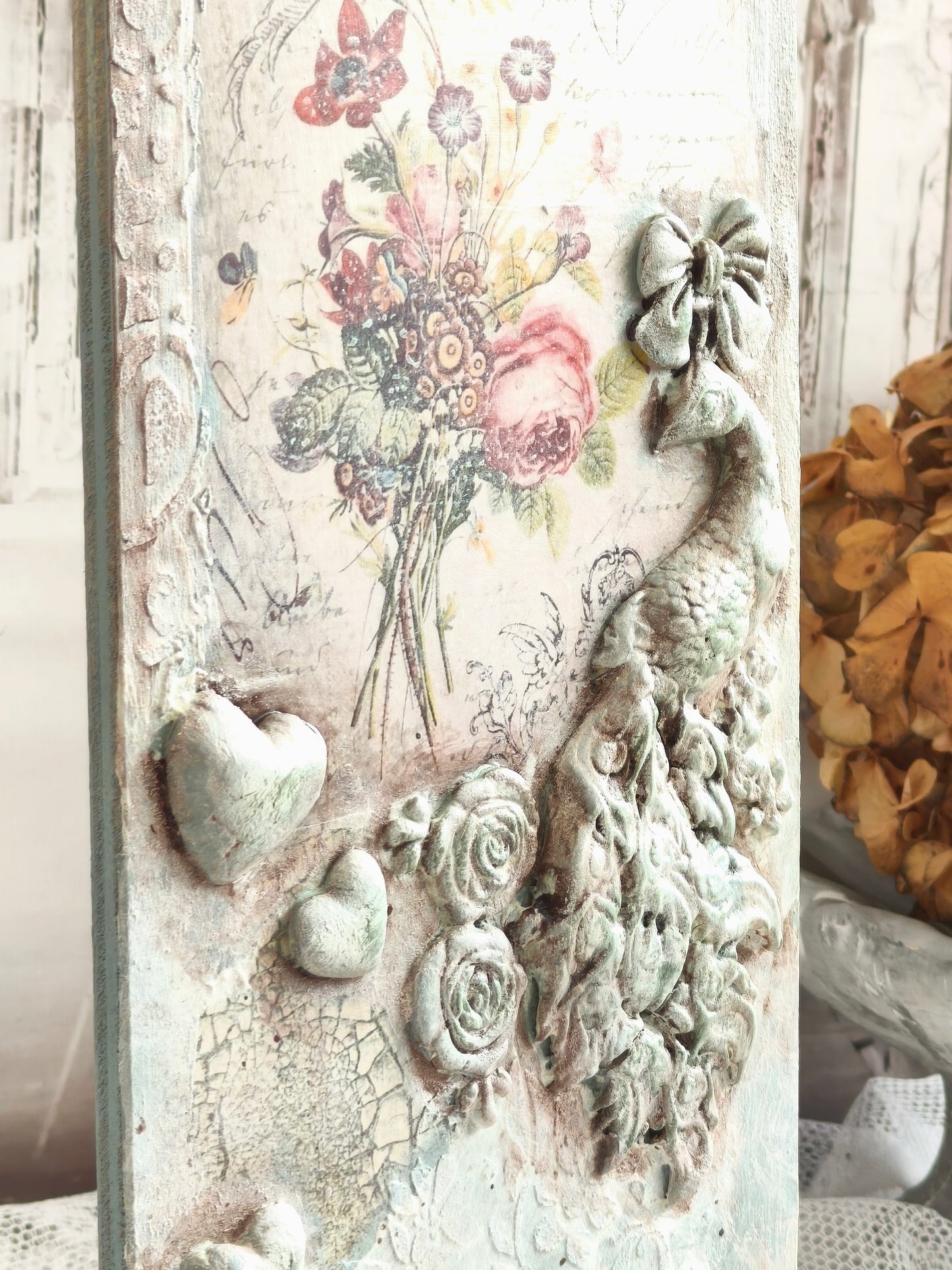 French Decor Wall Wooden Plaque with Birds and Roses