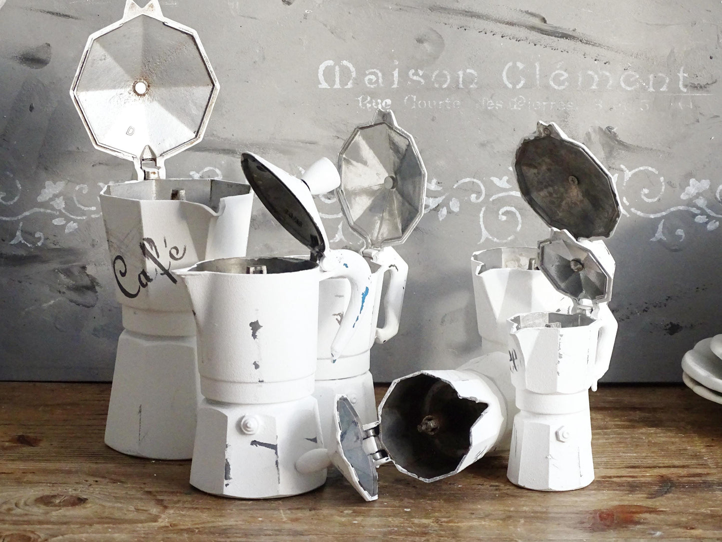 Distressed White Moka Pot, Italian Espresso Stove Coffee Maker, Retro Kitchen Decor