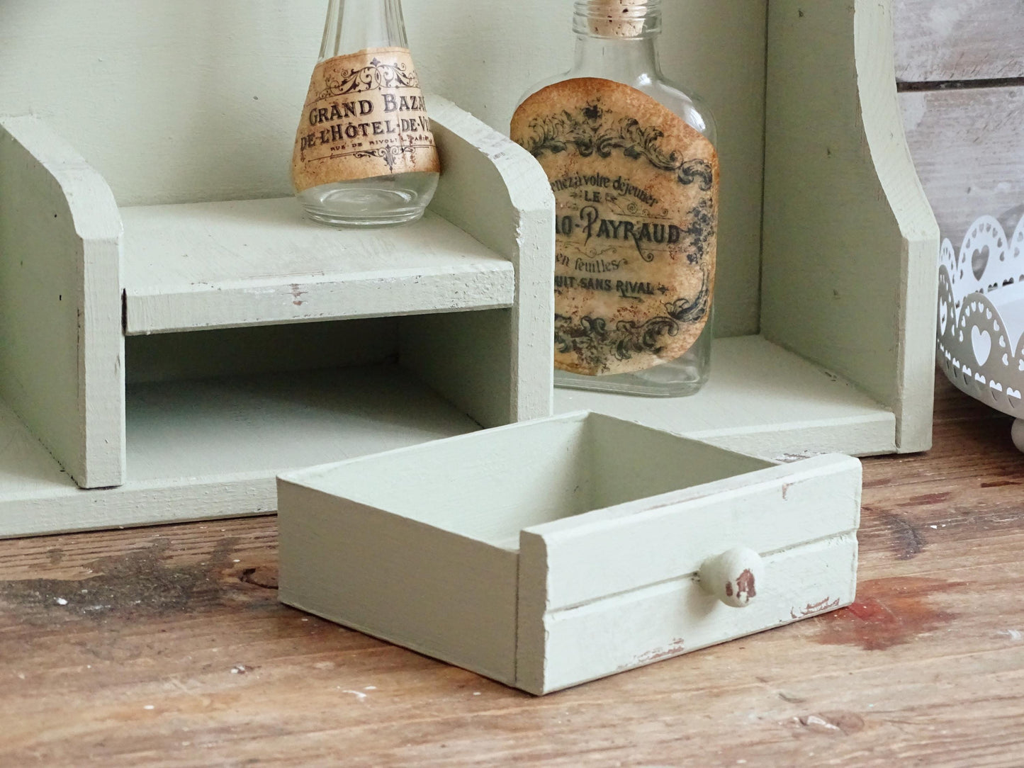 Green Wood Spice Rack Drawer, Spice Holder, Spice Shelf Wall Hanging, Tabletop Spice Organizer, Distressed Shabby Chic Kitchen Storage Rack