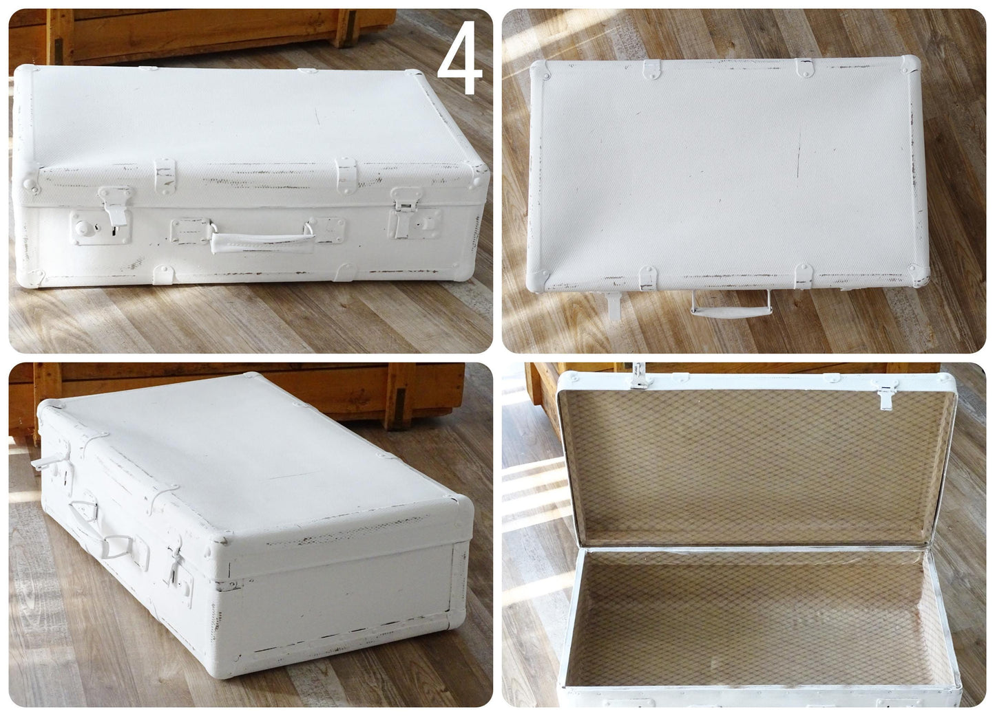 White or Gray Suitcase, Shabby Chic Painted French Stackable Travel Luggage Leather Suitcase, Wedding Cards Storage Organizer