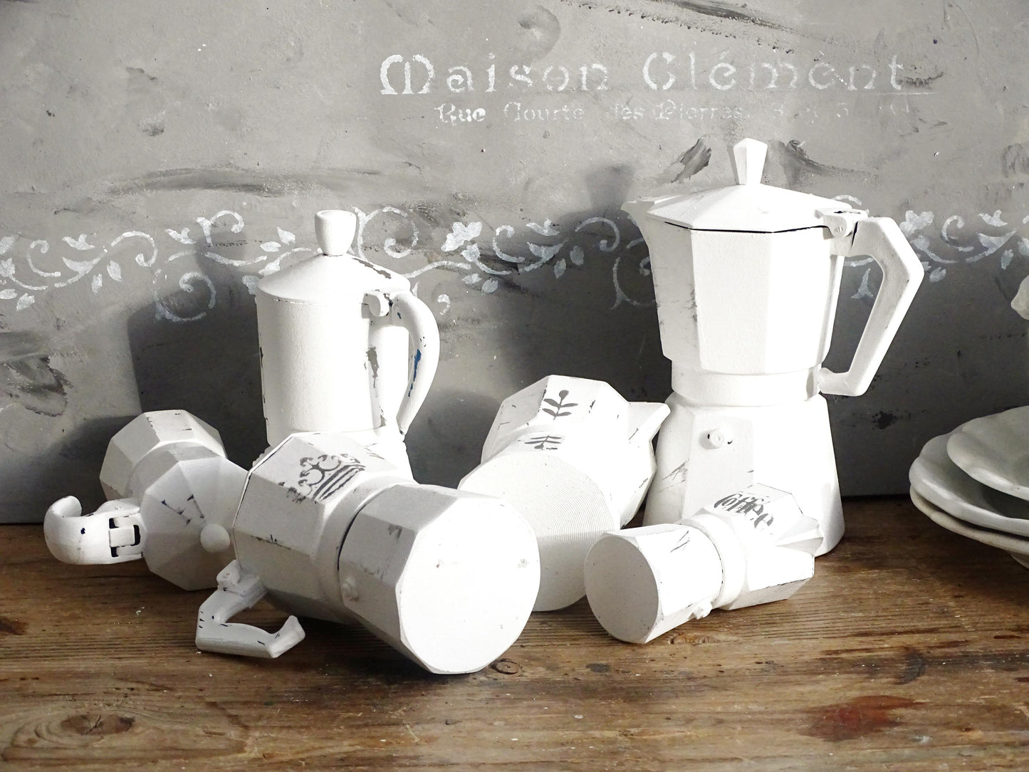 Distressed White Moka Pot, Italian Espresso Stove Coffee Maker, Retro Kitchen Decor