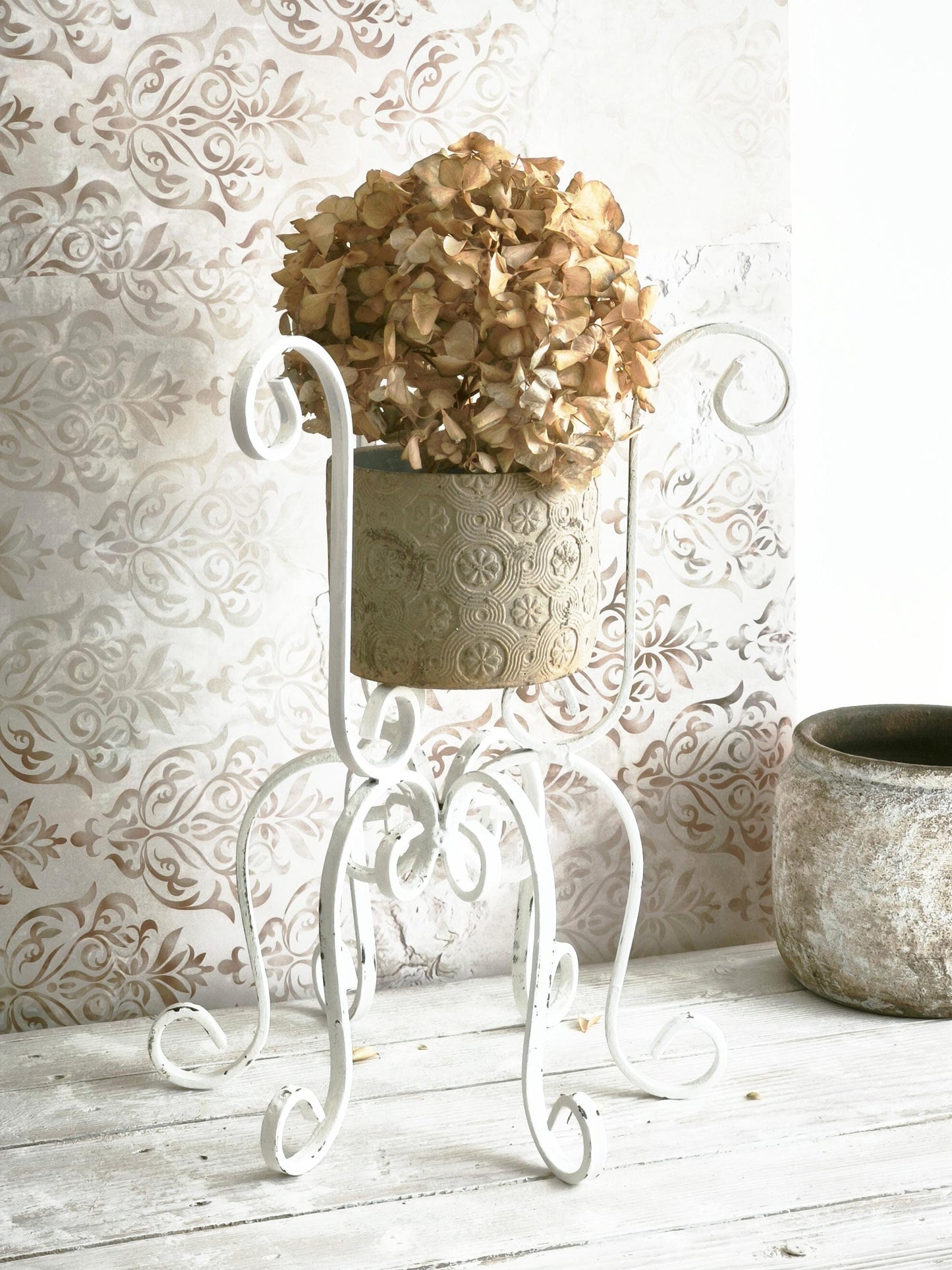 White Wrought Iron Plant Stand: Shabby Chic Metal Basket, Planter