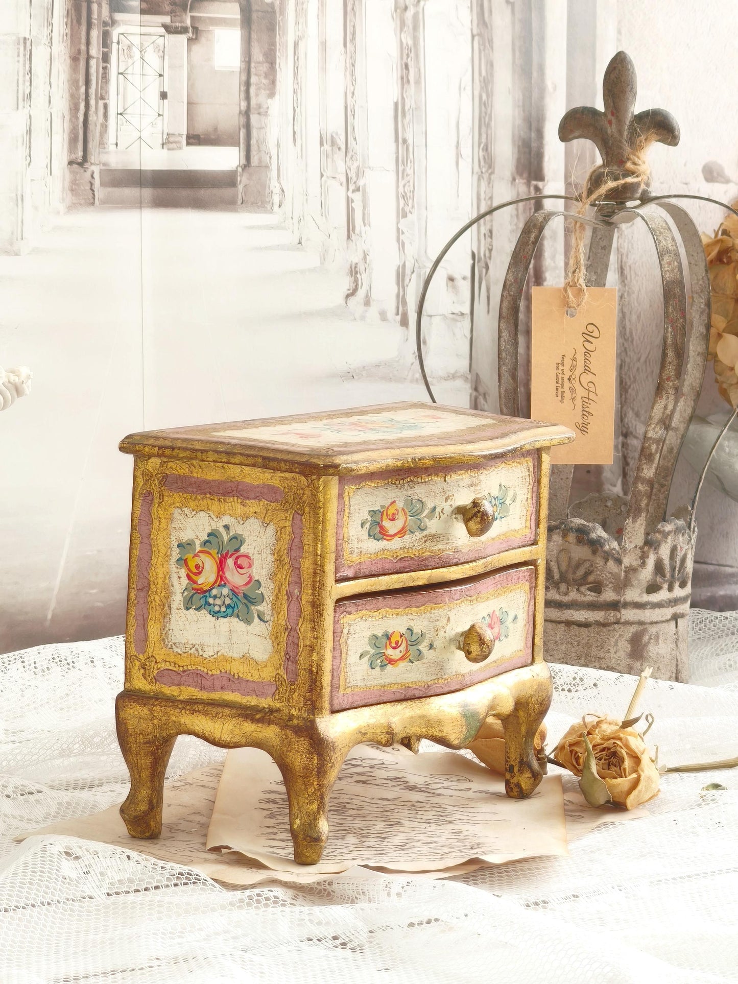 Giltwood Florentine Jewelry Chest of 2 Drawers and Handpainted Flowers, Italian Jewelry Storage Box, Shabby Chic Vanity Jewelry Cabinet