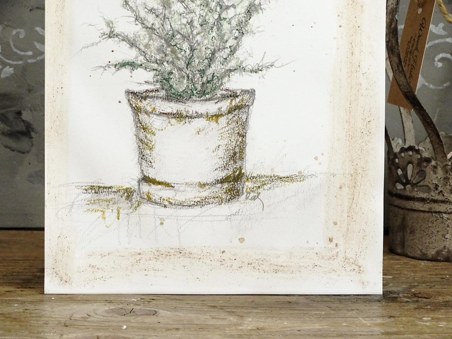 Original Sketch Plant Pot Drawing, Naive Still Life Greenery Artwork, Rustic Cabin Decor