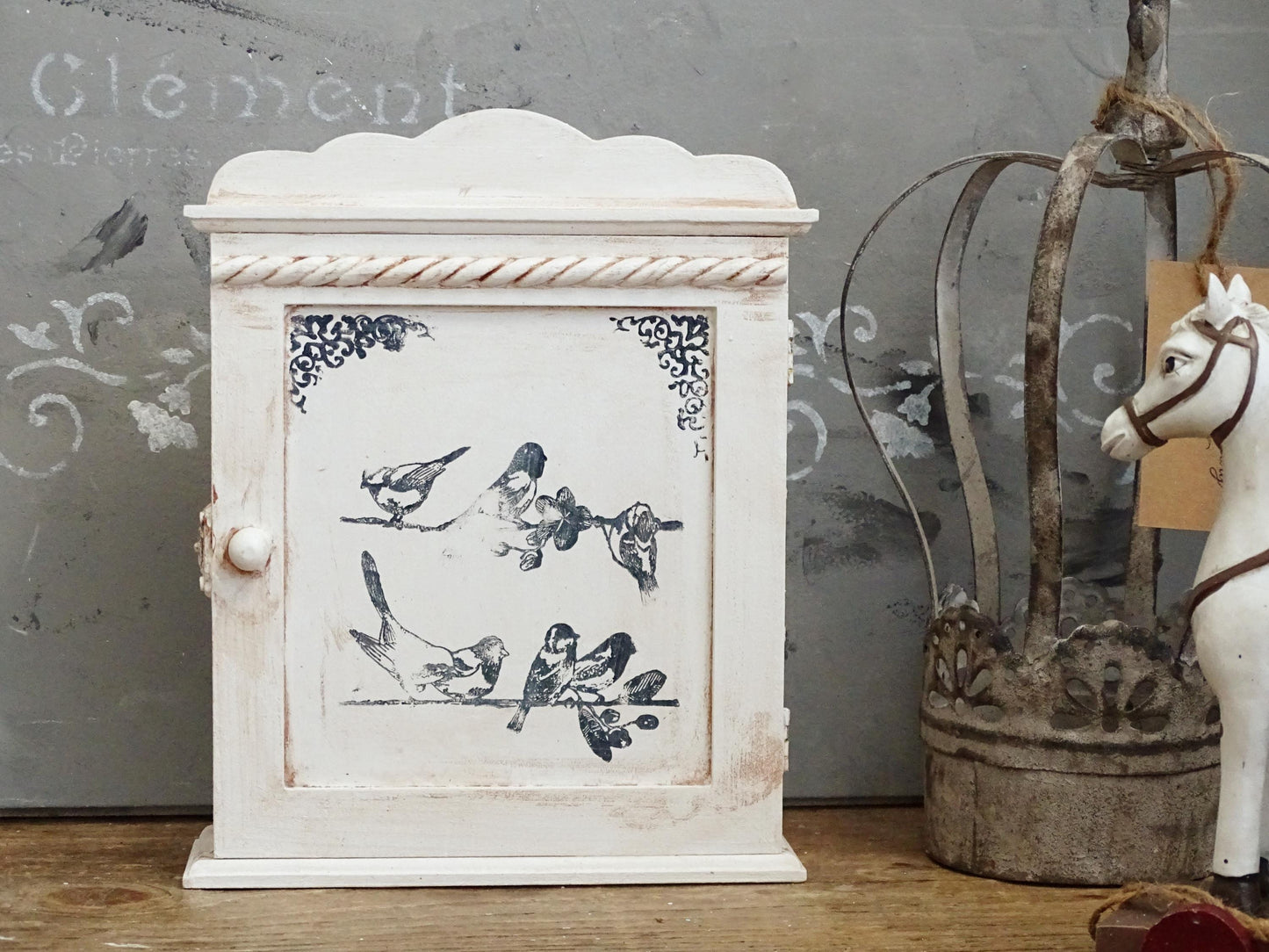 Shabby Chic White Wood Key Box: Wall Hanging Key Cabinet with Bird Motif