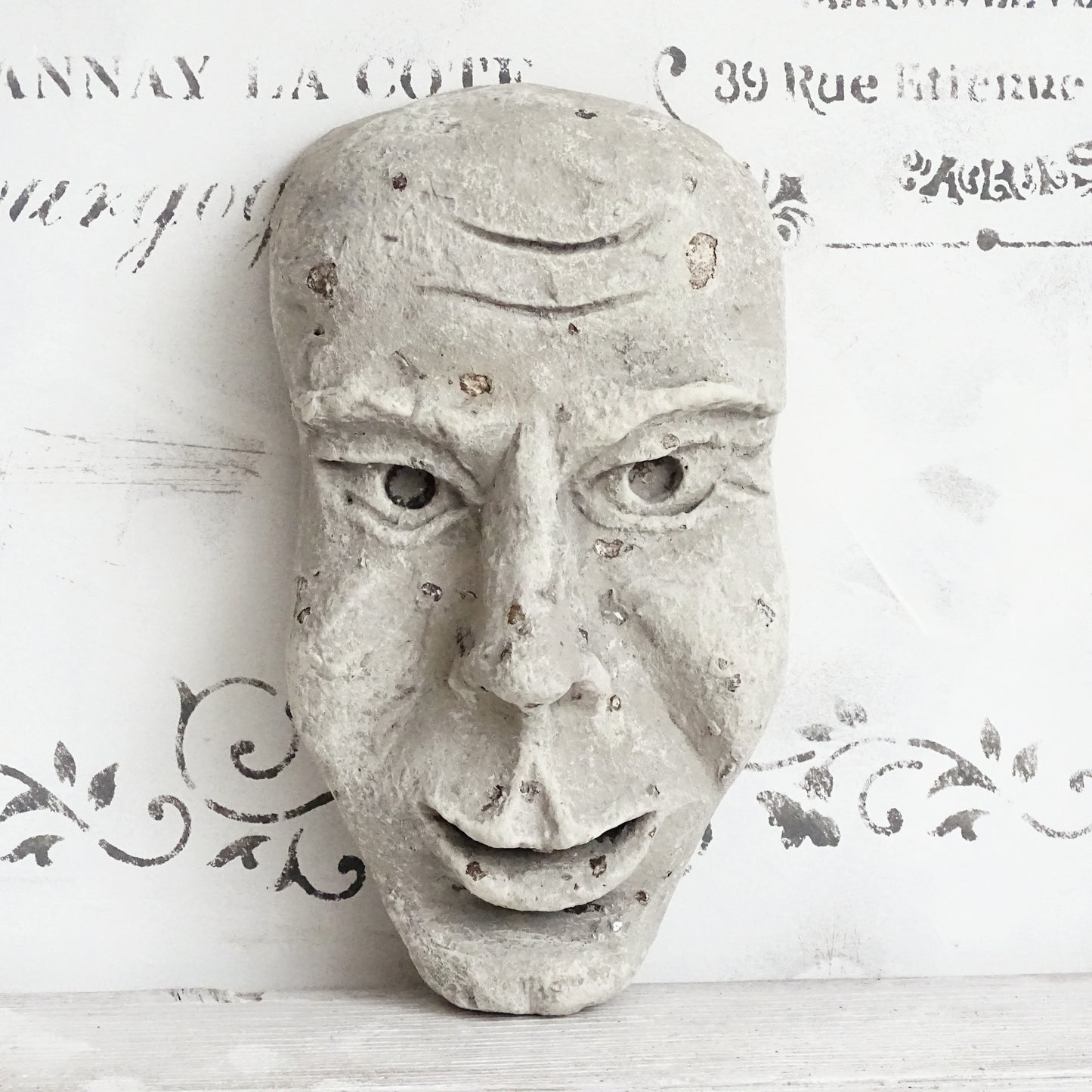 Grotesque Plaster Face Wall Sculpture, Distressed Creepy Portrait Mask Human Face, Head
