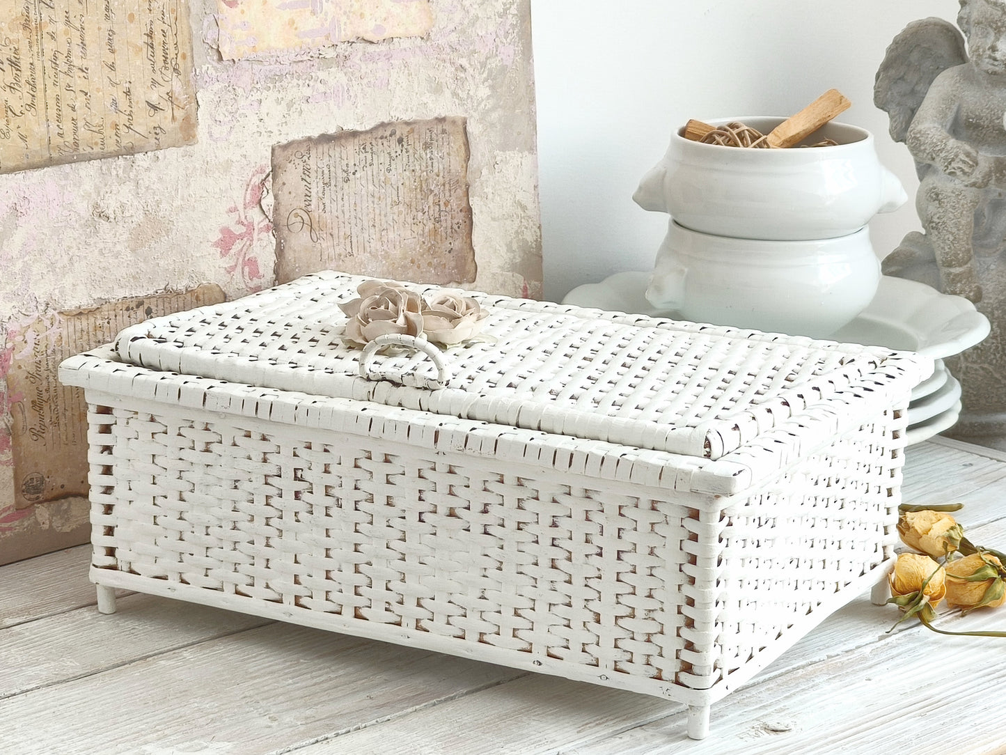 White Wicker Basket with Roses, Lidded Box