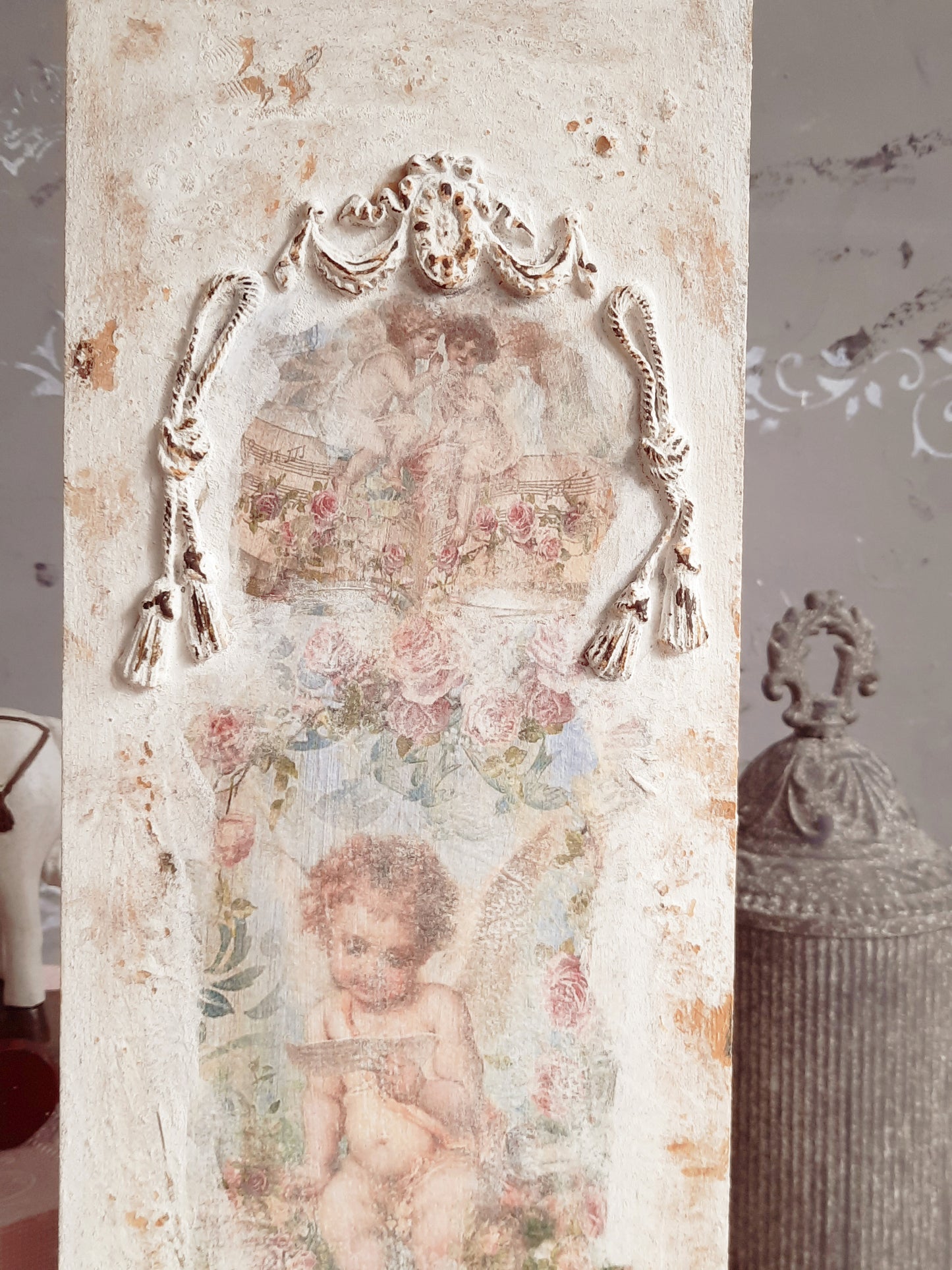 Baroque Cherub Angel French Wall Panel, Floral Cherub Picture Plaque, Shabby Chic Brocante Pediment, Antique Victorian Rococo Style Wall Art