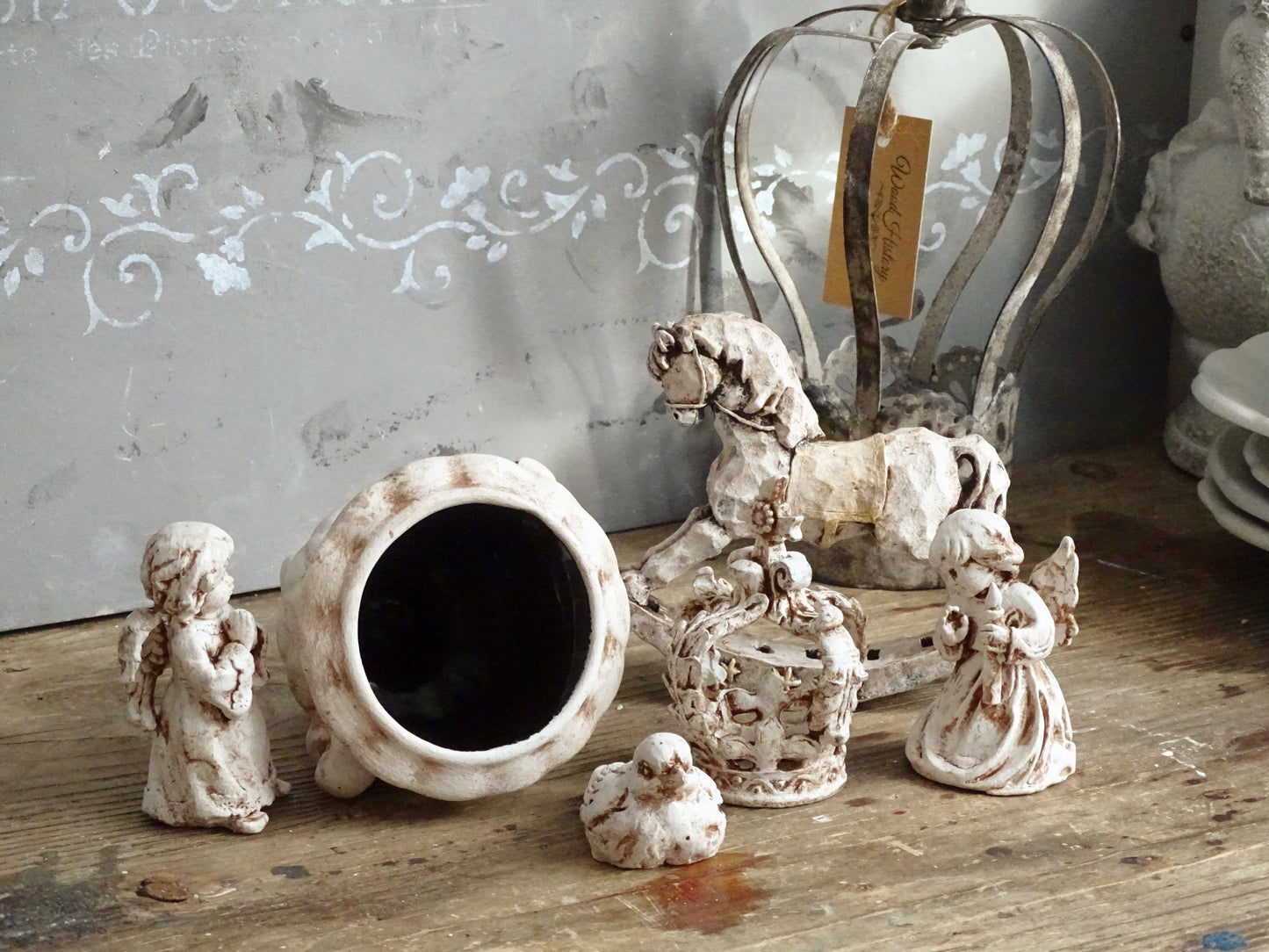 Aged Figurine Cherub, Crown, Rocking Horse, Bird, Urn Vase, Shabby Chic Decor
