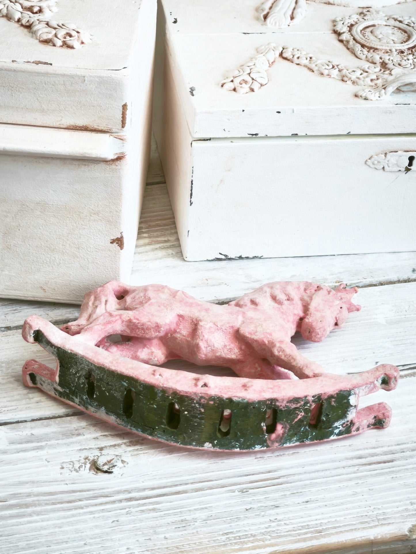 Pink Crowned Rocking Horse Figurine, Distressed Resin Sculpture, Shabby Chic Decor