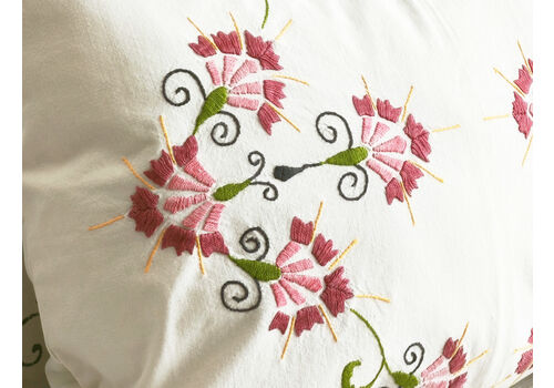 Upcycled Bed Linen Cushion with Hand Embroidered Red Flowers