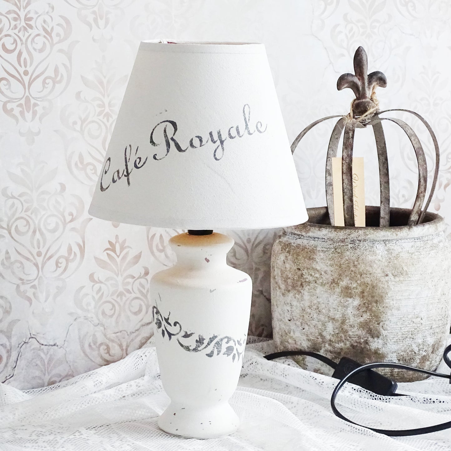 White Ceramic Table Lamp, White Shade, Shabby Chic