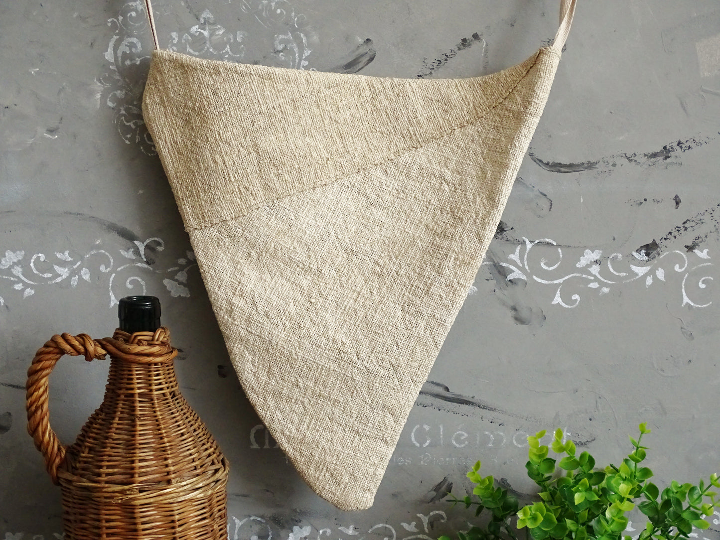 Cone Linen Wall Pocket, Antique Grain Sack Rustic Storage Bag