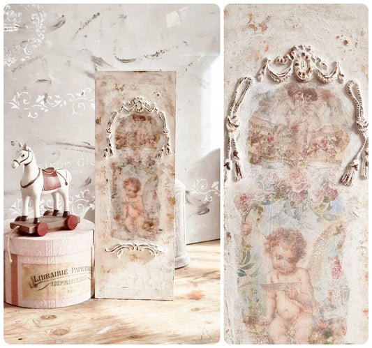 Baroque Cherub Angel French Wall Panel, Floral Cherub Picture Plaque, Shabby Chic Brocante Pediment, Antique Victorian Rococo Style Wall Art