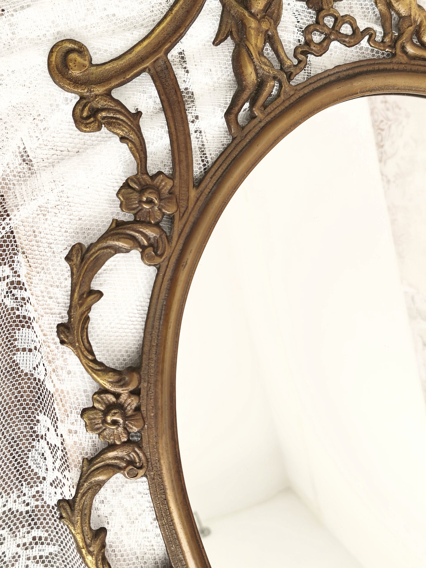 Large Antique Brass Wall Mirror With Cherubs, Oval Ornate Rocaille Design