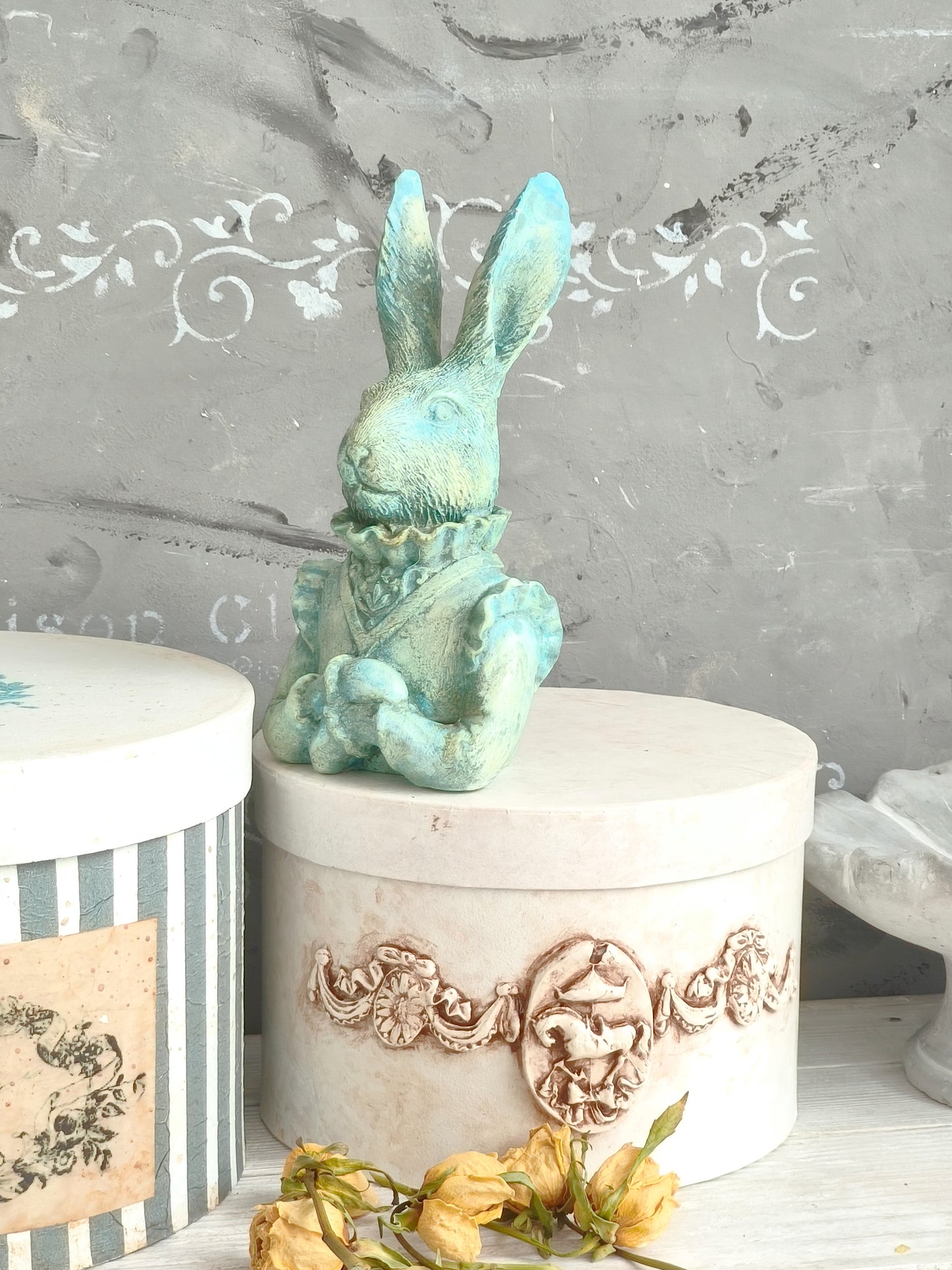 Turquoise Blue Rabbit Hare Bust Statue, Figurine, Ornament, Shabby Chic Decor