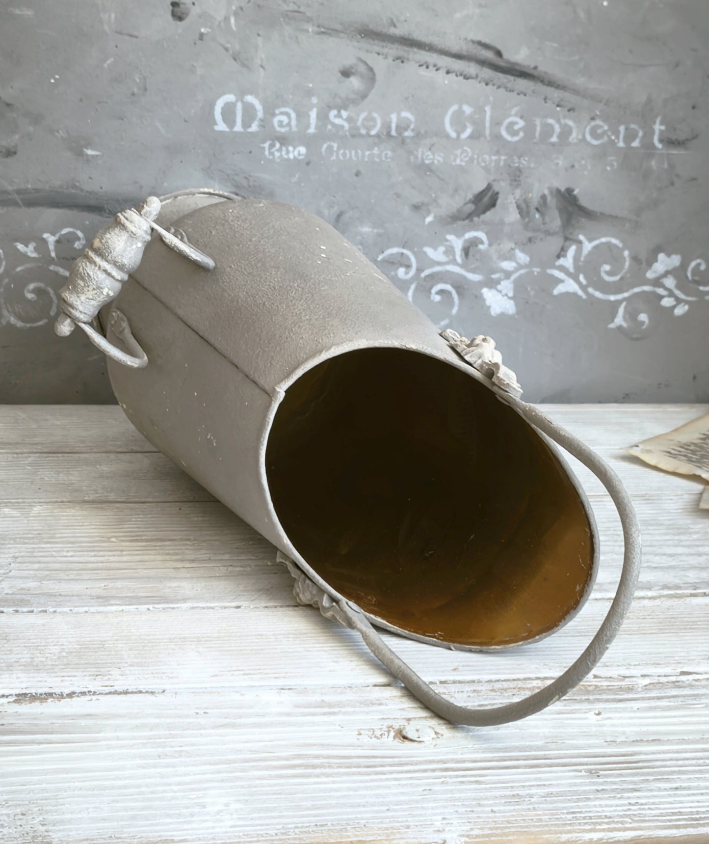Brass Ash Scuttle Faux Concrete Finish, Metal Pitcher Vase