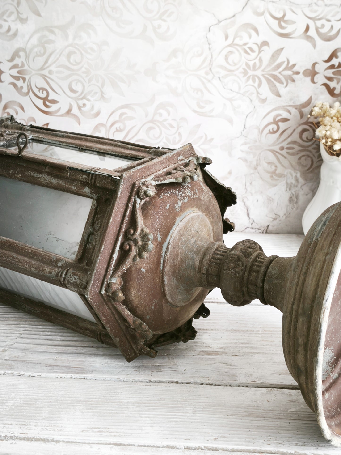 Antique Metal Church Candle Lantern Frosted Glass Windows, 1850s