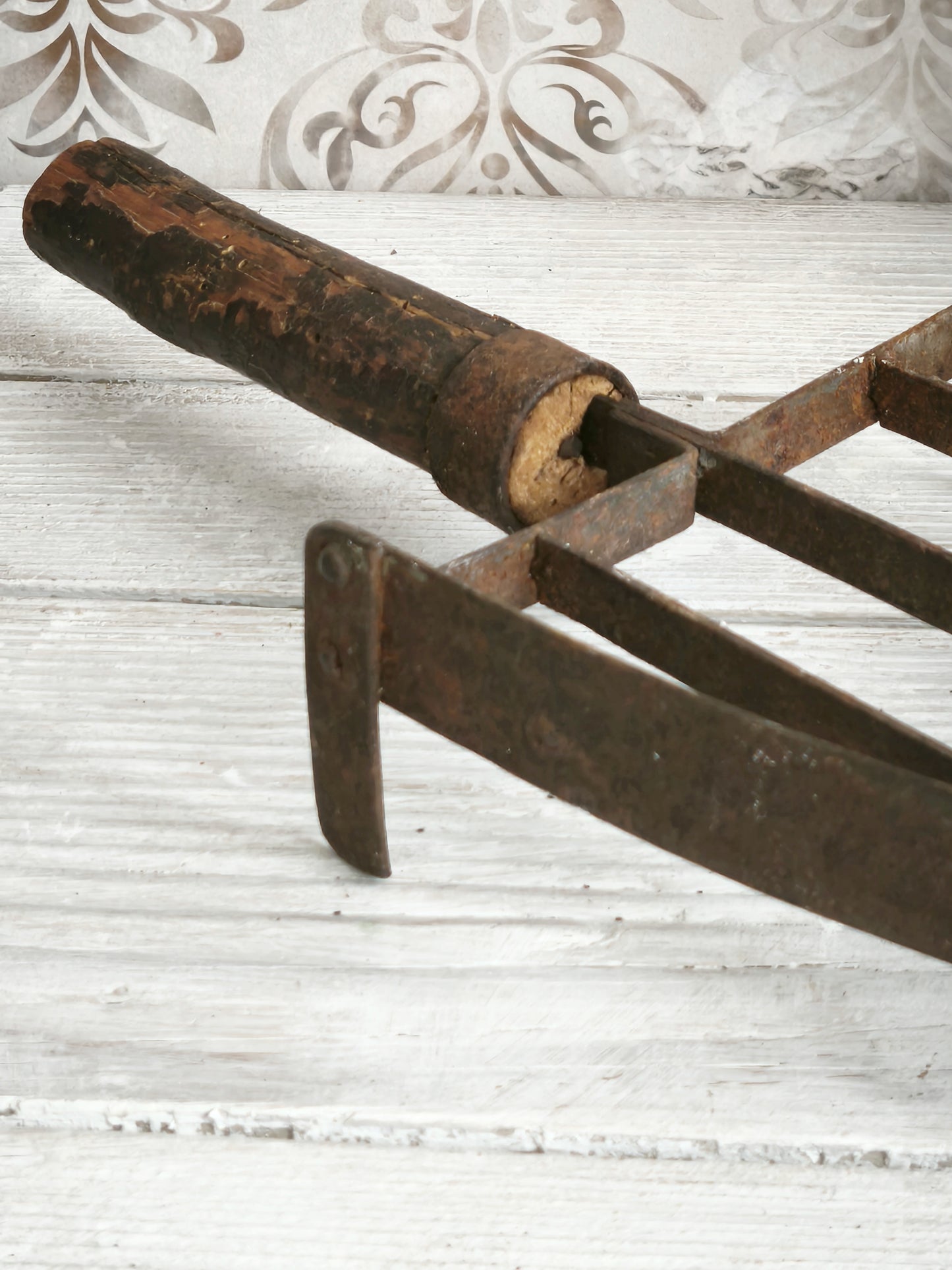 Antique Hand Forged Iron Trivet Wooden Handle