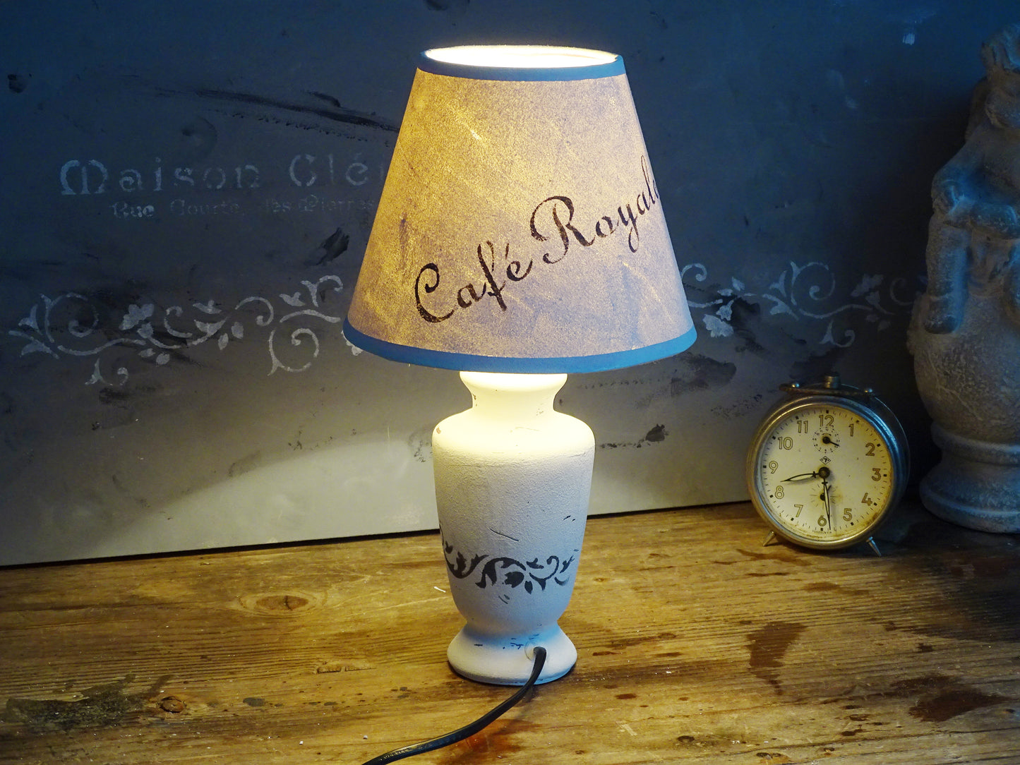 White Ceramic Table Lamp, White Shade, Shabby Chic