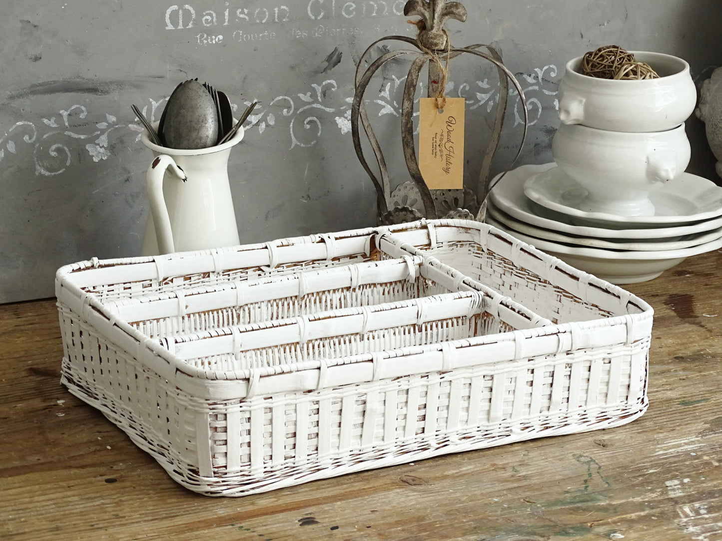 White Wicker Flatware Tray, Cuttlery Caddy Holder, Compartment Divided Box, Drawer Organizer, Shadow Box