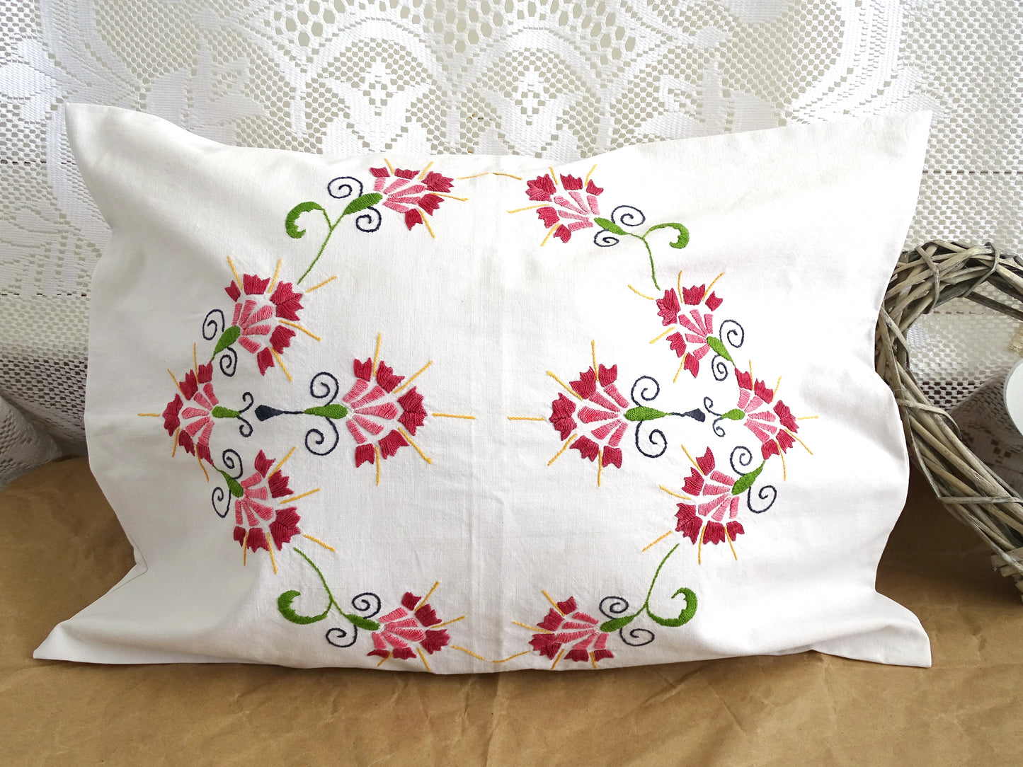 Upcycled Bed Linen Cushion with Hand Embroidered Red Flowers