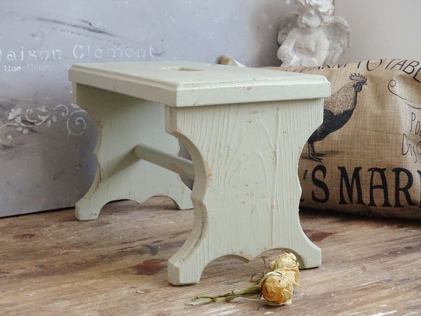 Distressed Green Wood Step Stool, Primitive Farmhouse Milking Stool, Plant Stand Bench