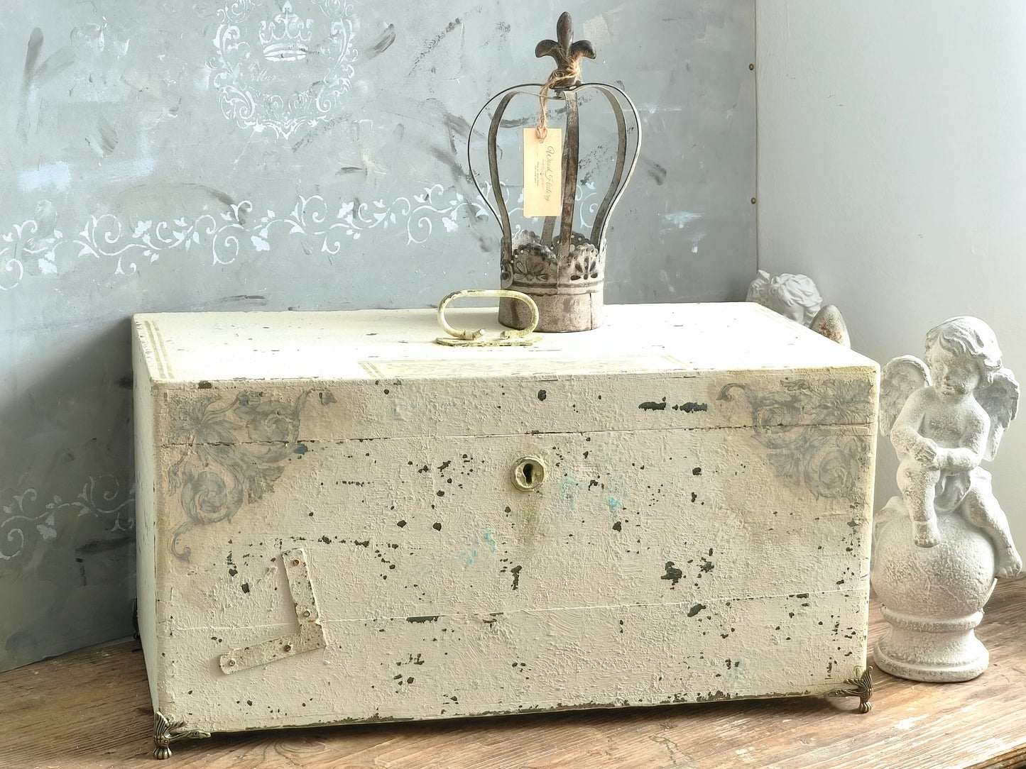 Antique Creamy Wooden Trunk Chest, Distressed Furniture