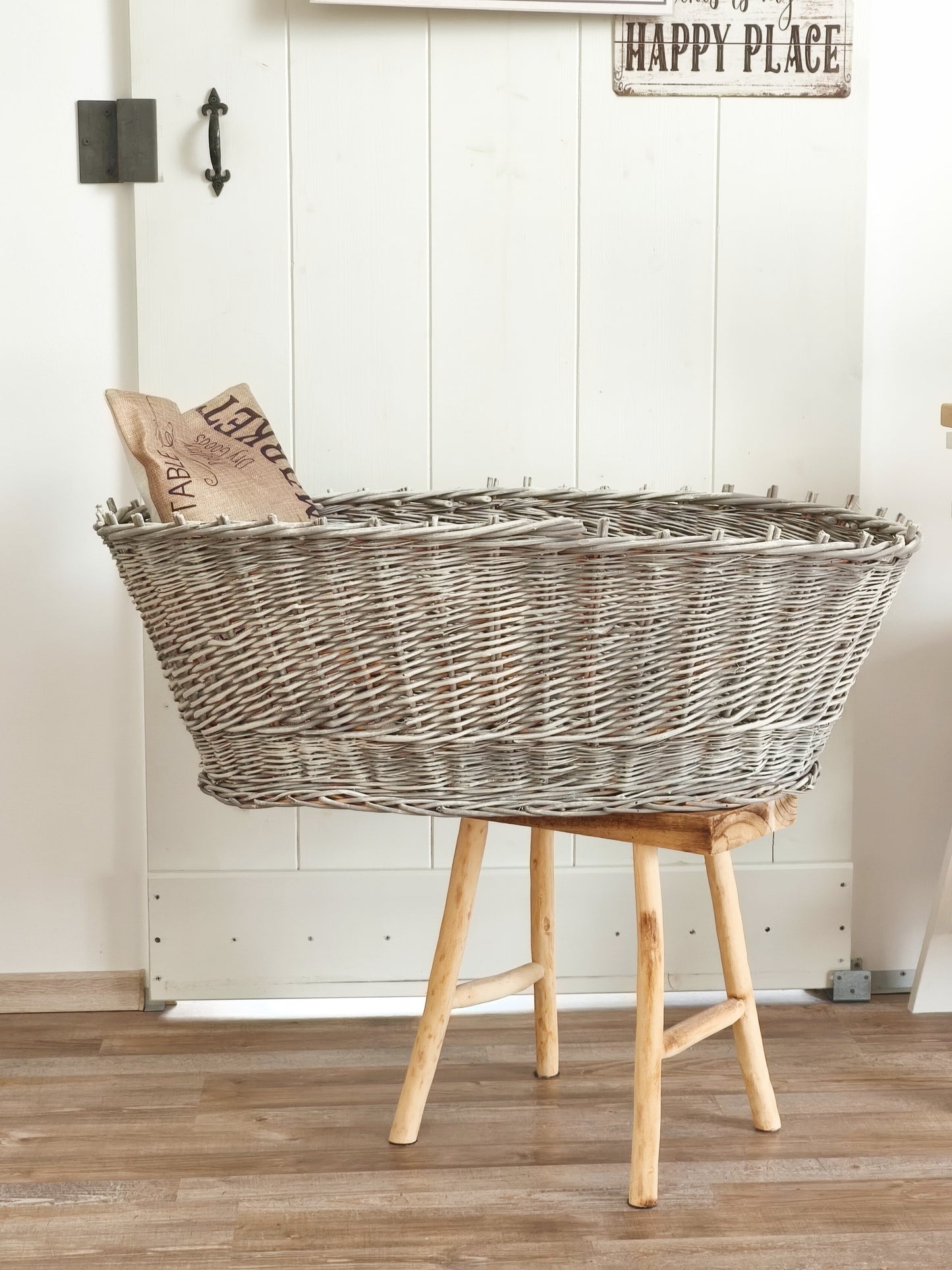 Large Wicker Basket Sheep Design, Rustic Laundry Hamper, Farmhouse Decor