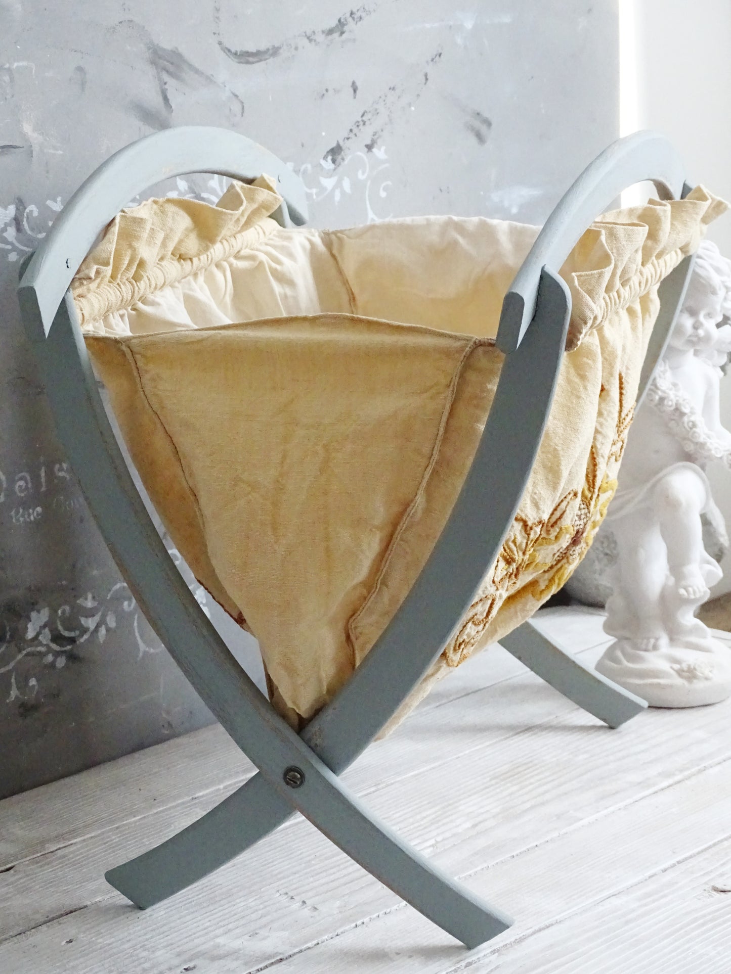 Vintage Blue Wood Magazine Rack With Ochre Beige Embroidery Floral Fabric